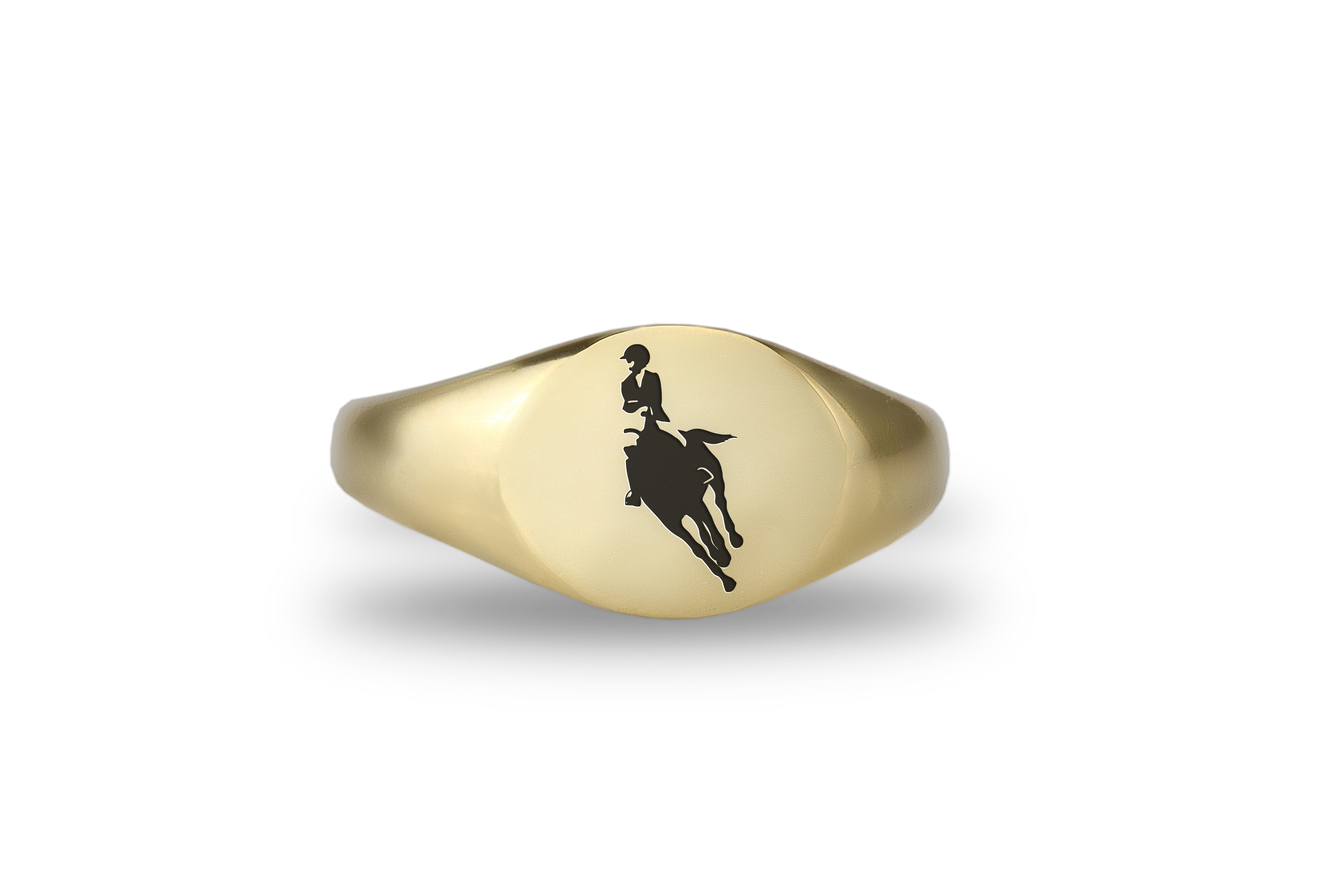 Custom Gold Round Shaped Signet Ring with Equestrian Design
