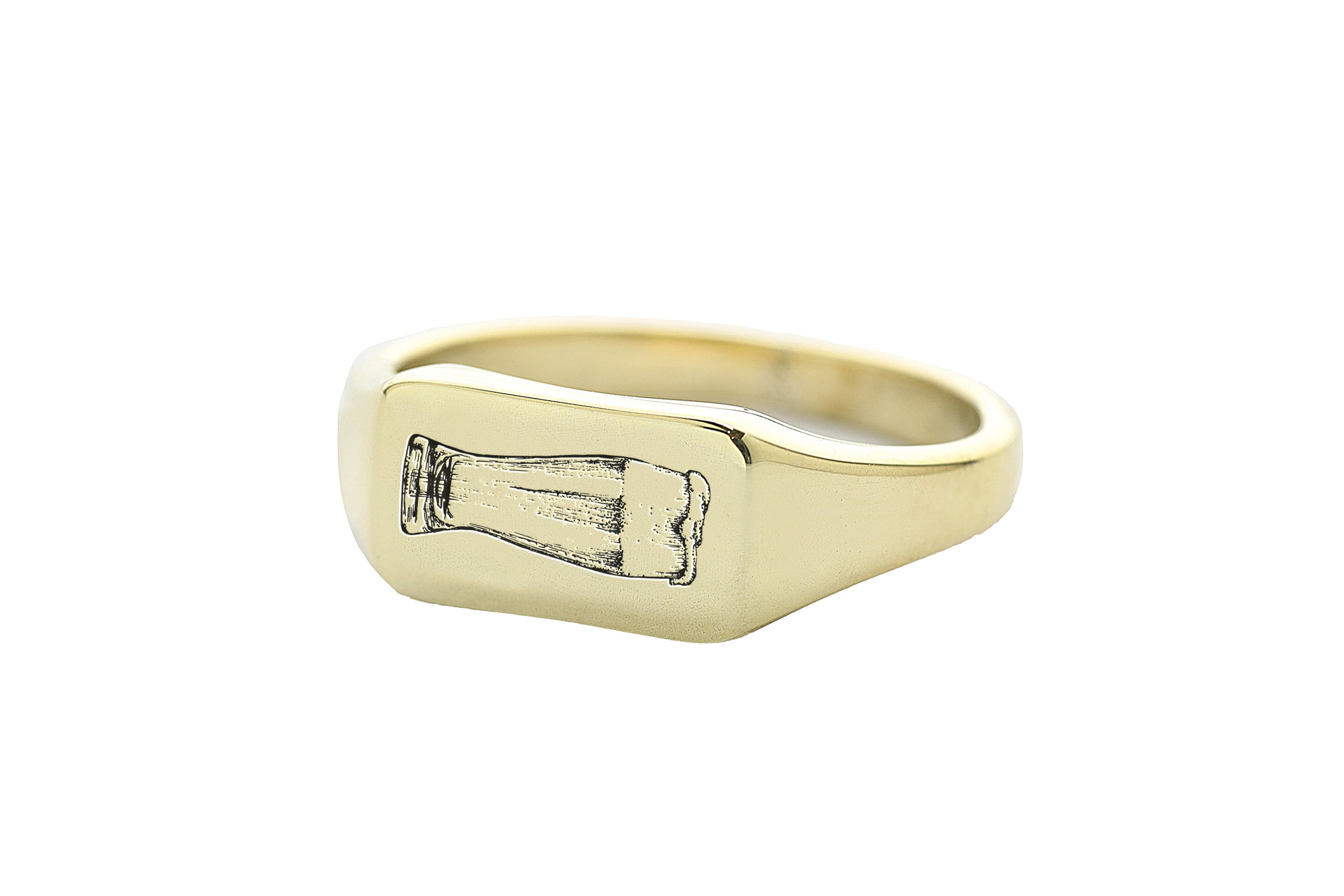 Custom Gold Rectangle Shaped Signet Ring with Engraved Beer Design