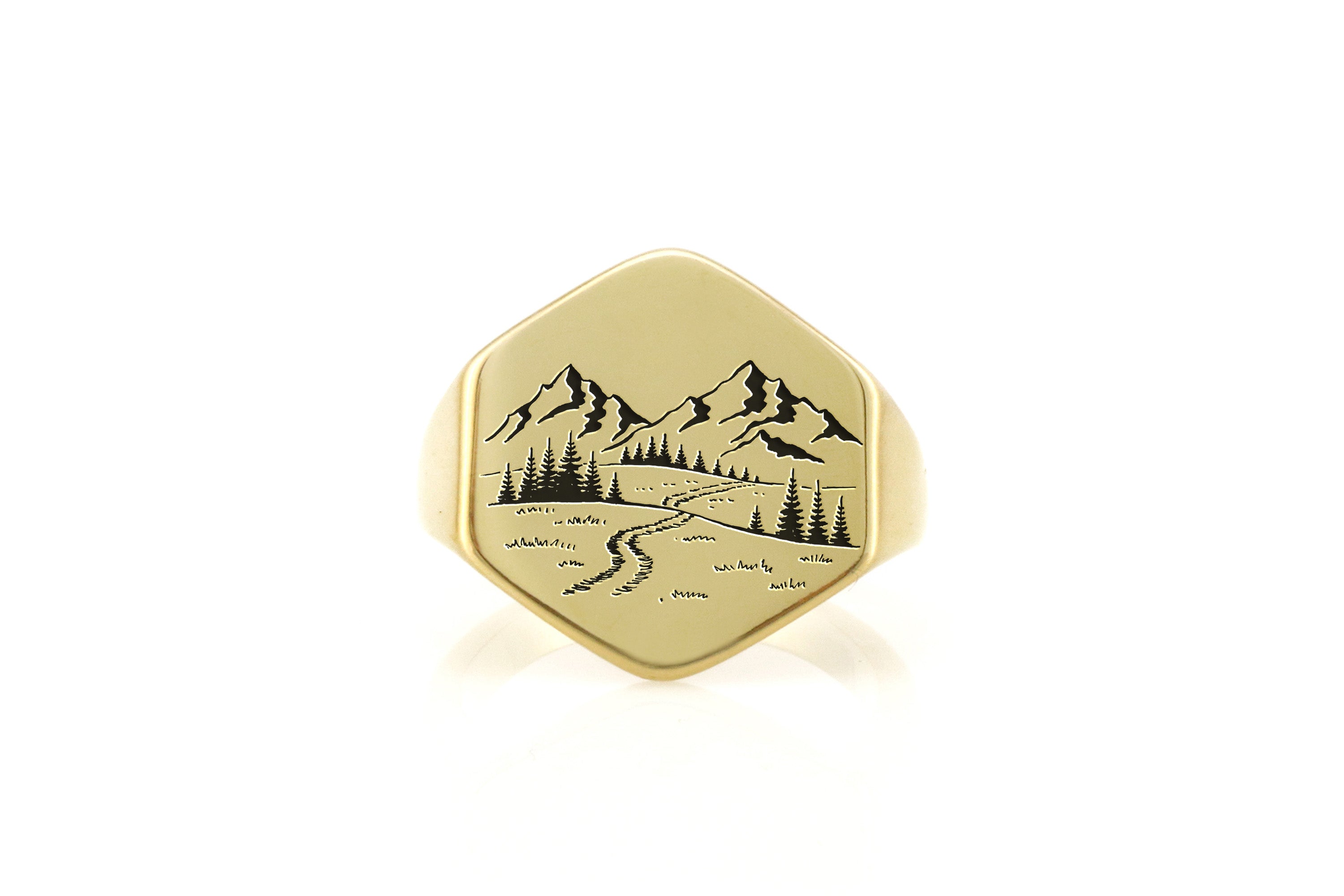 Engraved Forest Gold Signet Ring