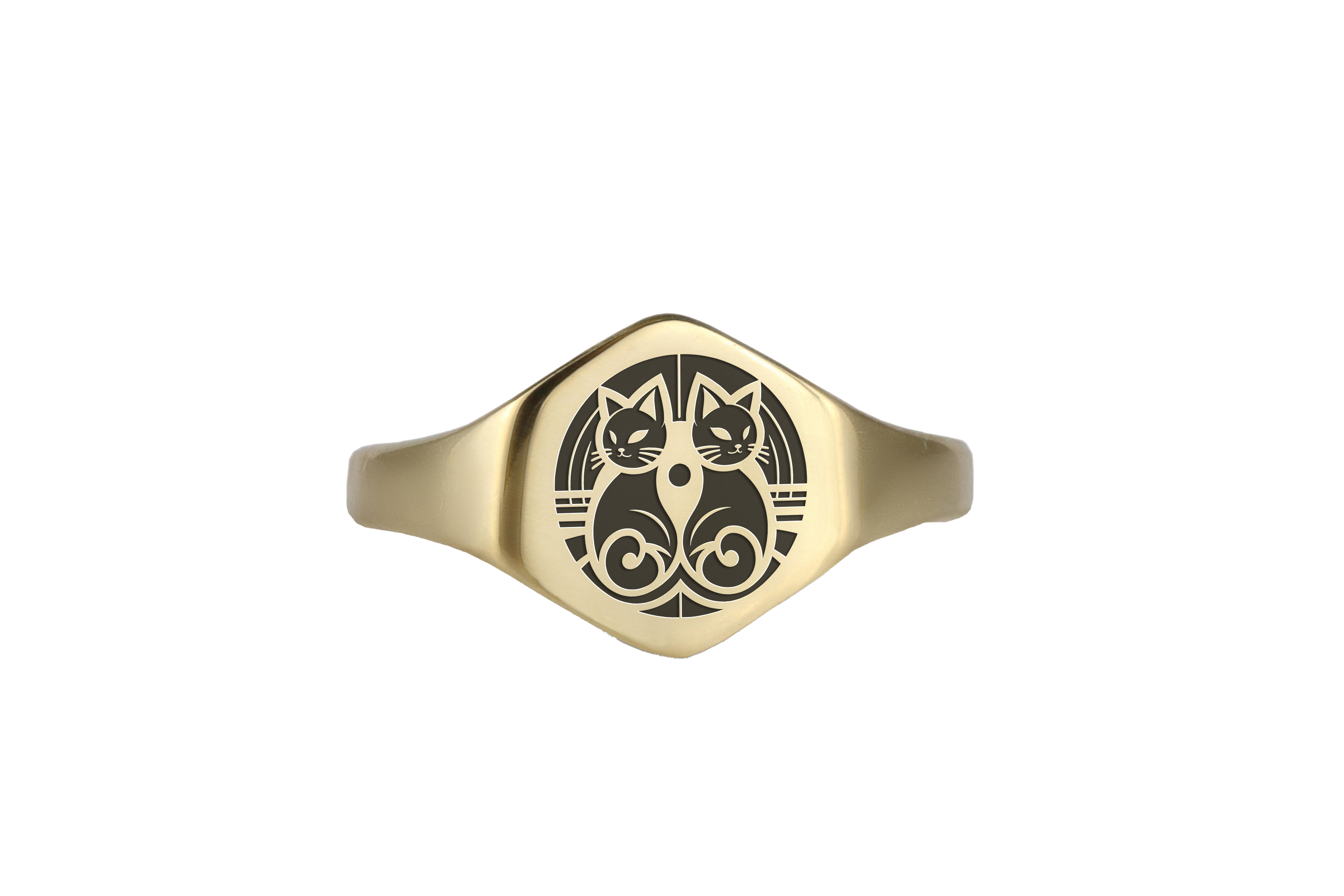 Twin Cat Gold Signet Ring