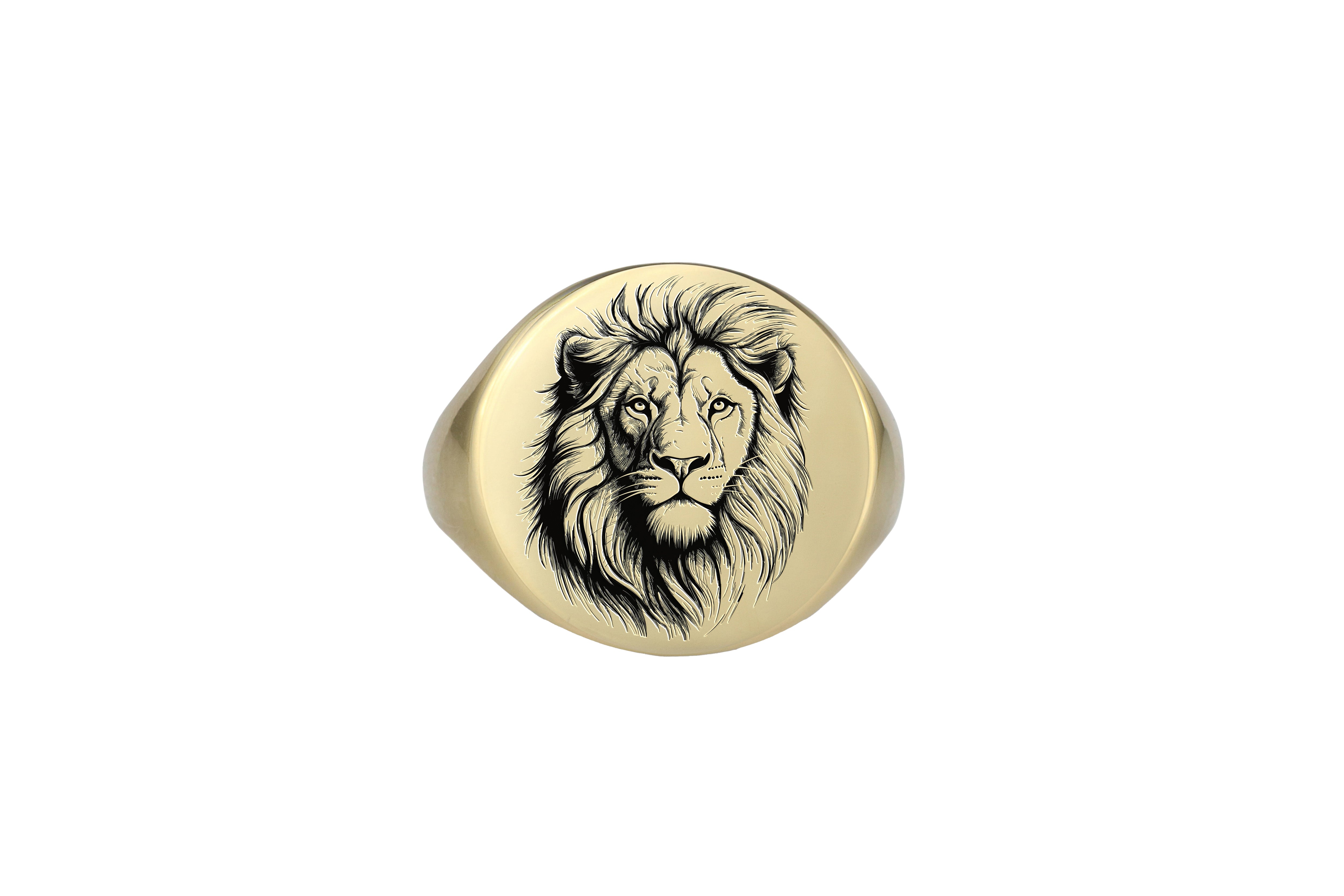 Gold Engraved Lion Sketch Signet Ring