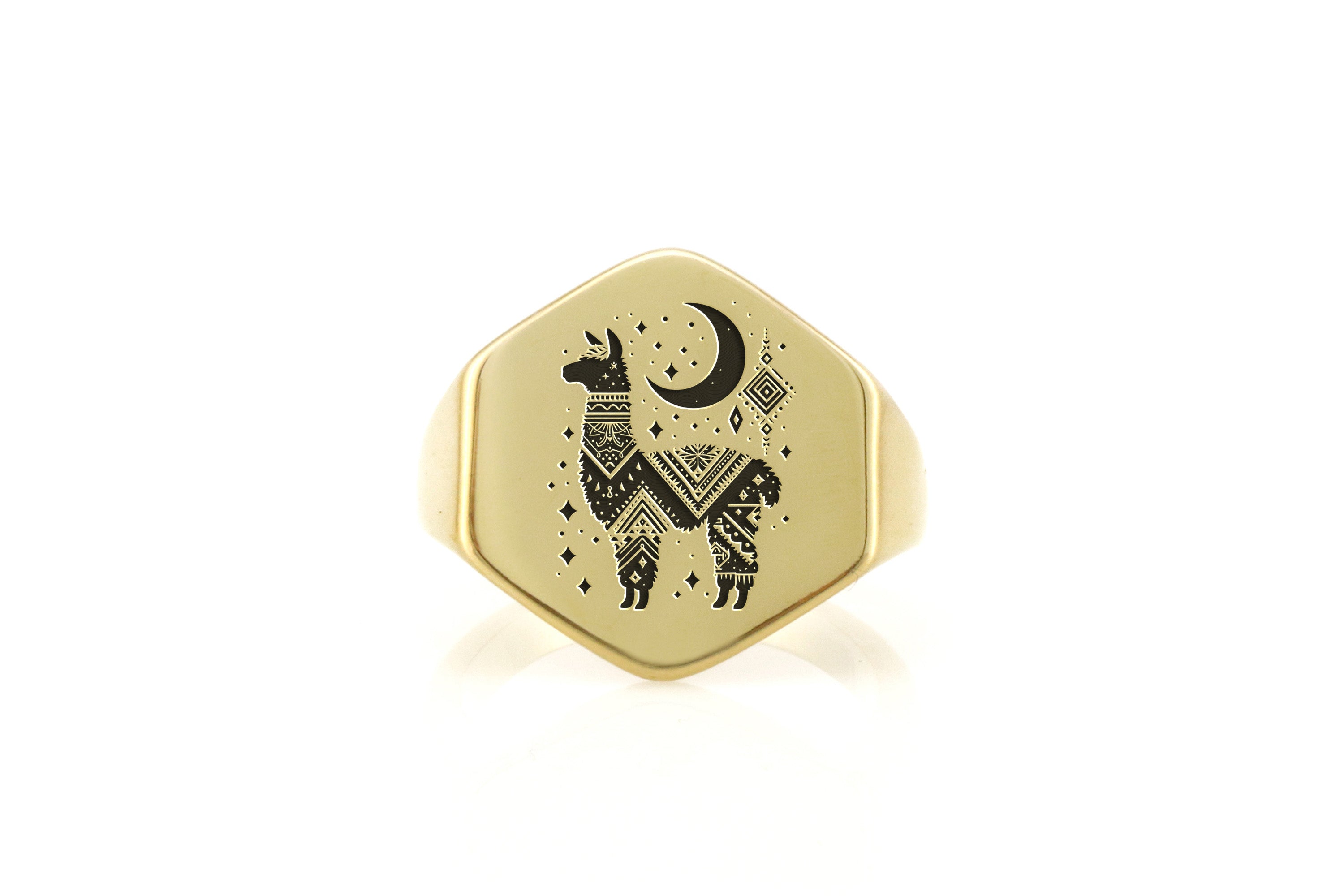 Custom Gold Hexagon Shaped Signet Ring with Engraved Alpaca