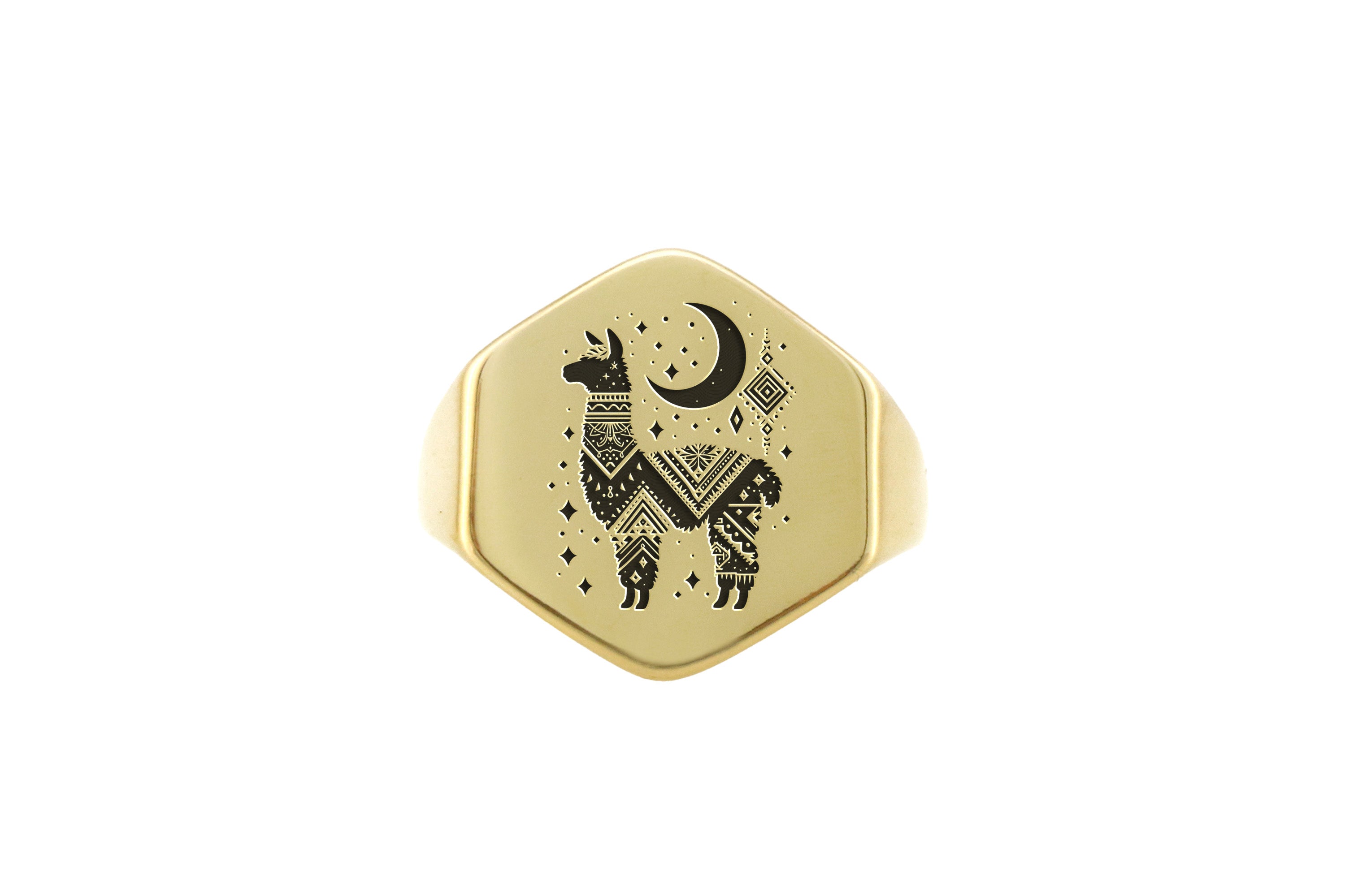 Custom Gold Hexagon Shaped Signet Ring with Engraved Alpaca