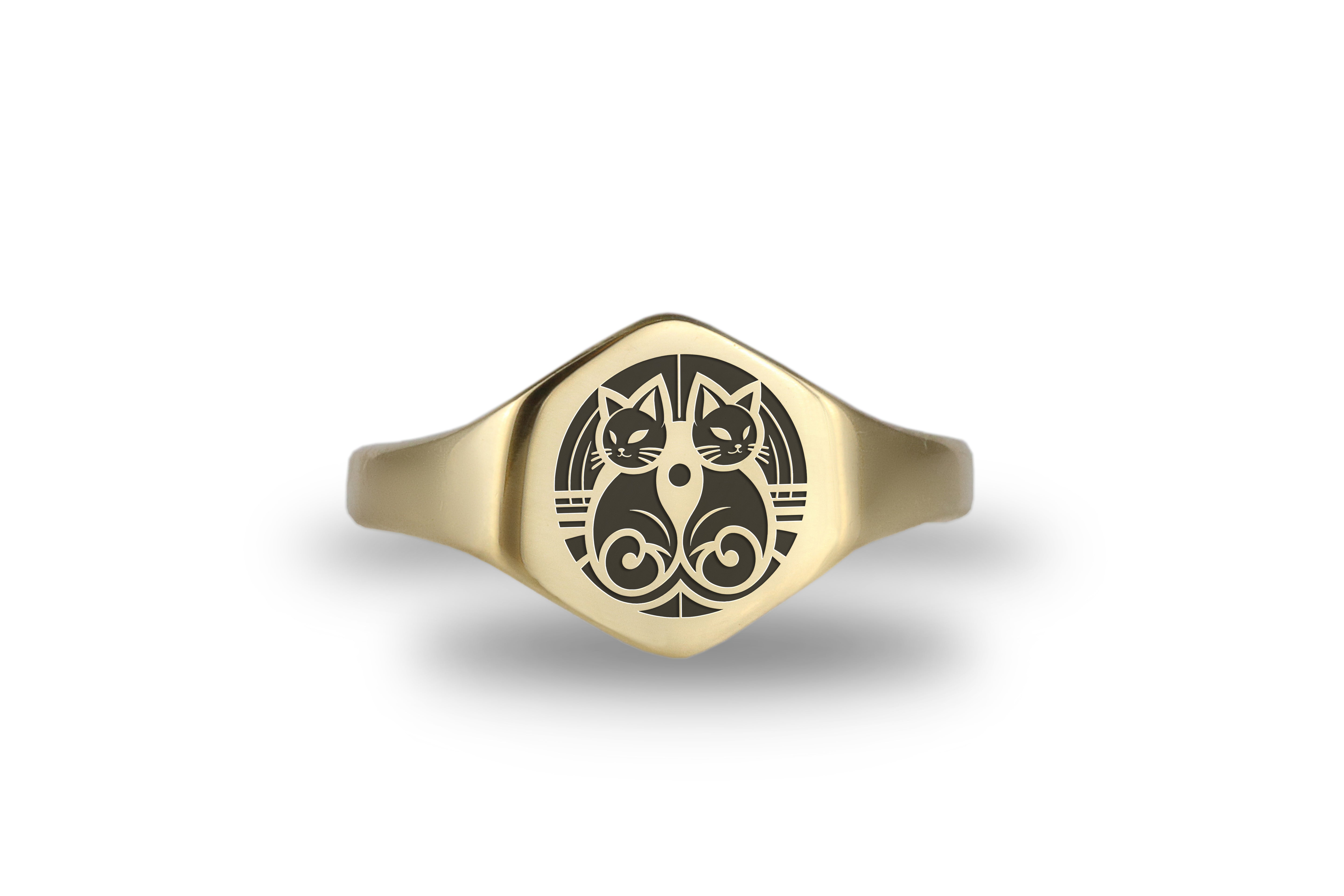 Twin Cat Gold Signet Ring