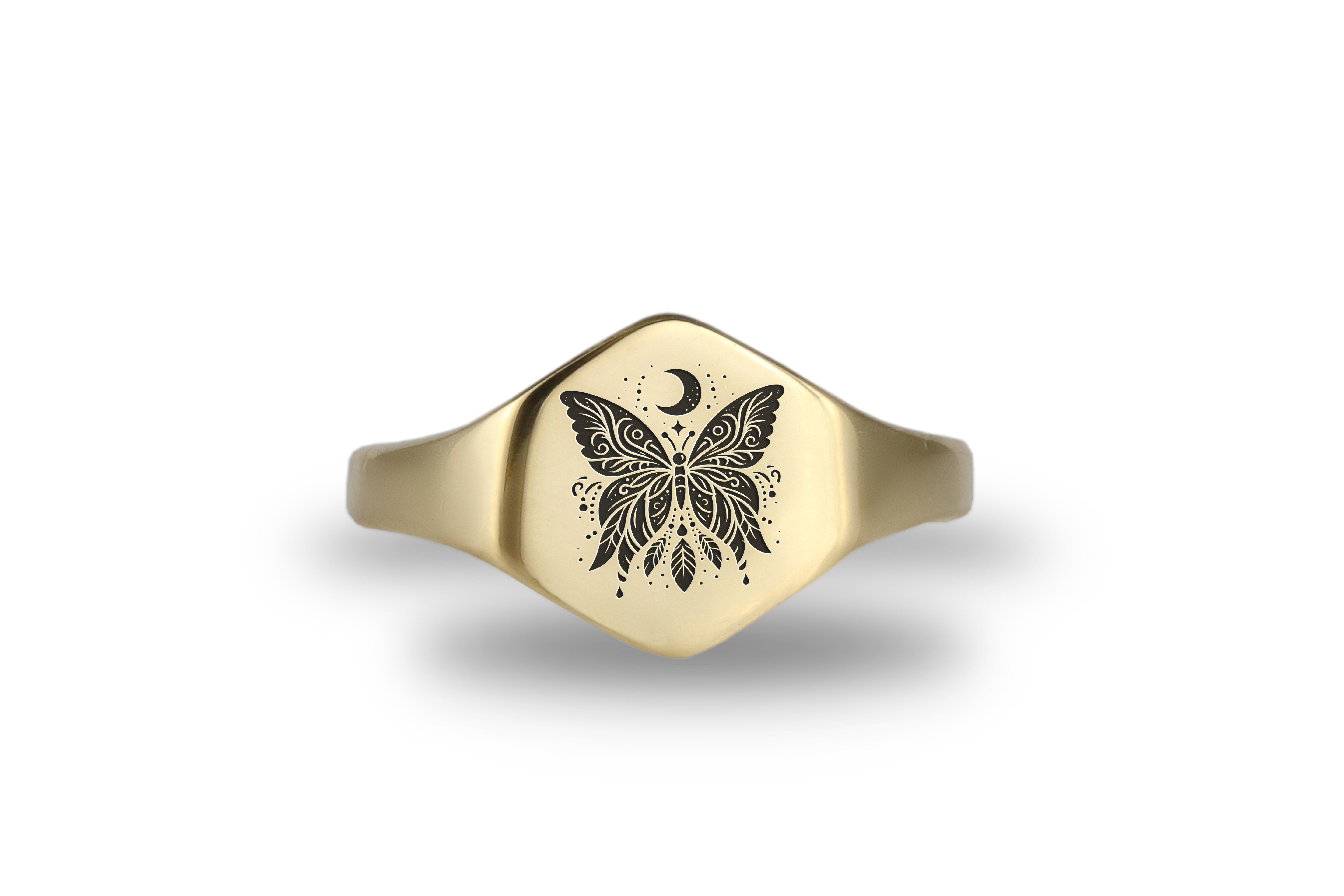 Custom Gold Hexagon Signet Ring with Engraved Butterfly