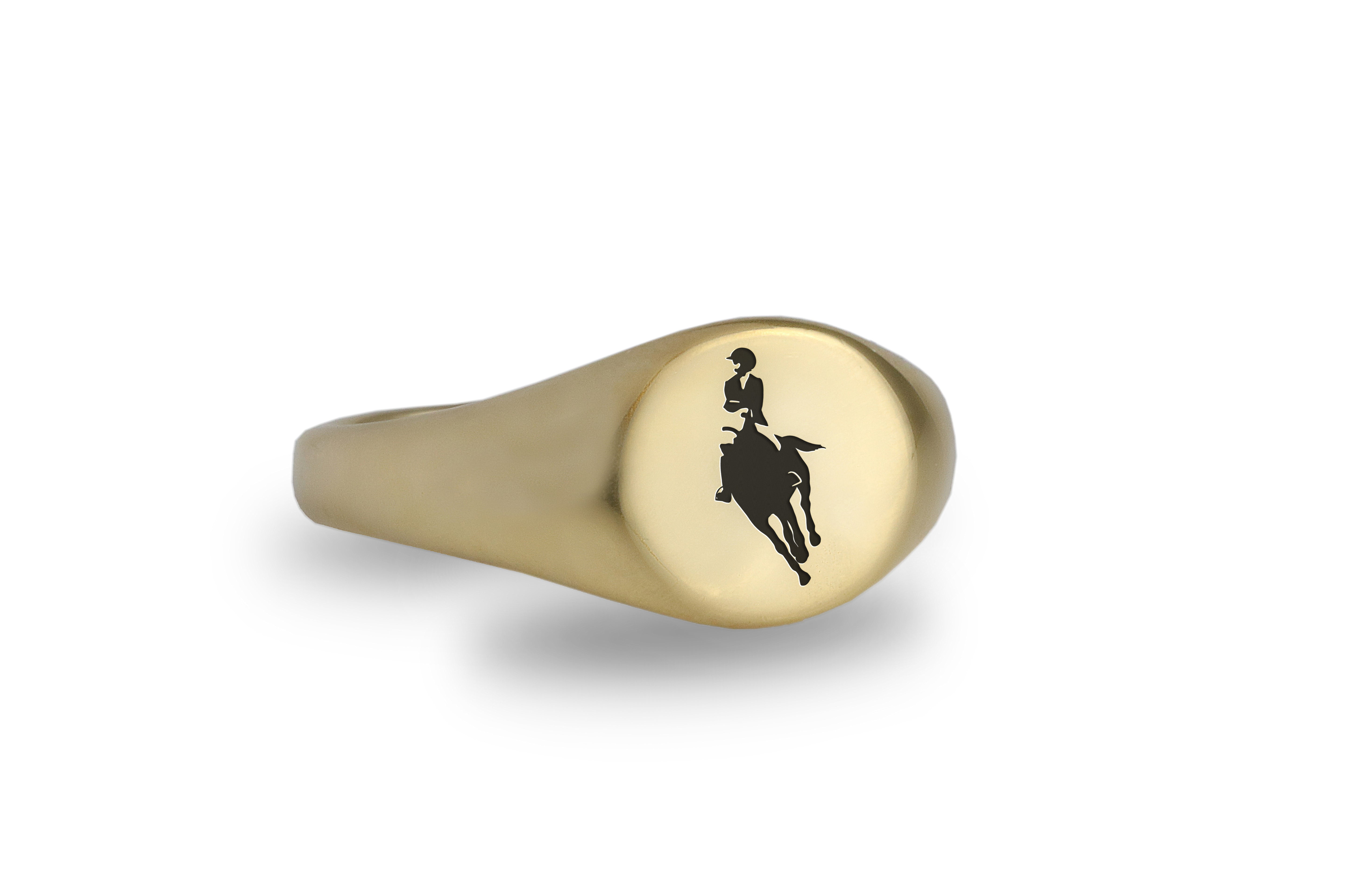 Custom Gold Round Shaped Signet Ring with Equestrian Design