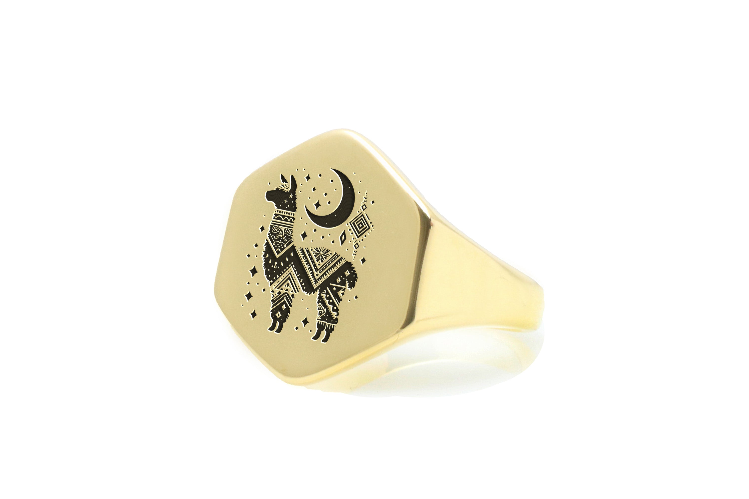 Custom Gold Hexagon Shaped Signet Ring with Engraved Alpaca
