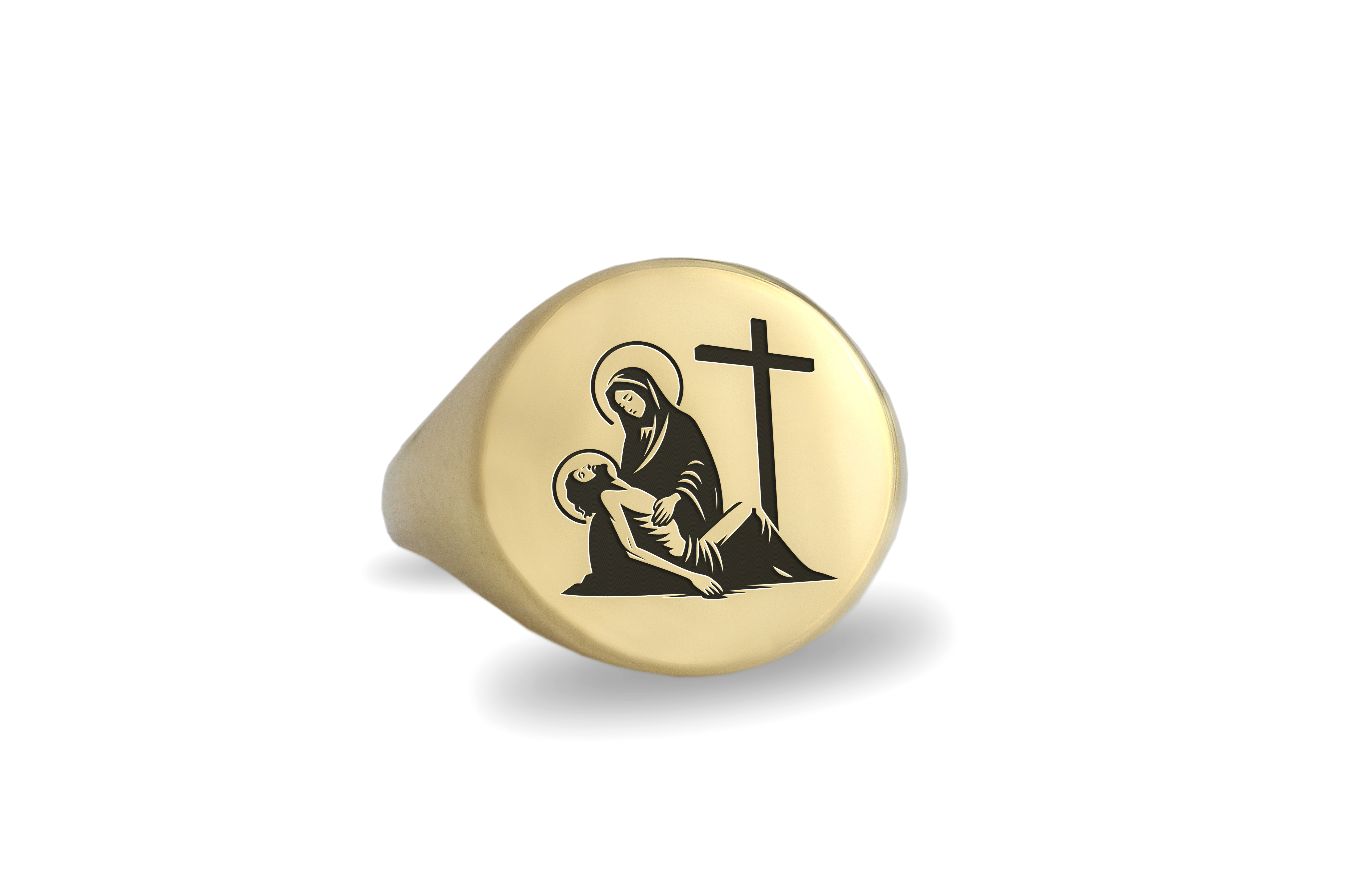 Mother Mary and Jesus Crucifix Gold Signet Ring