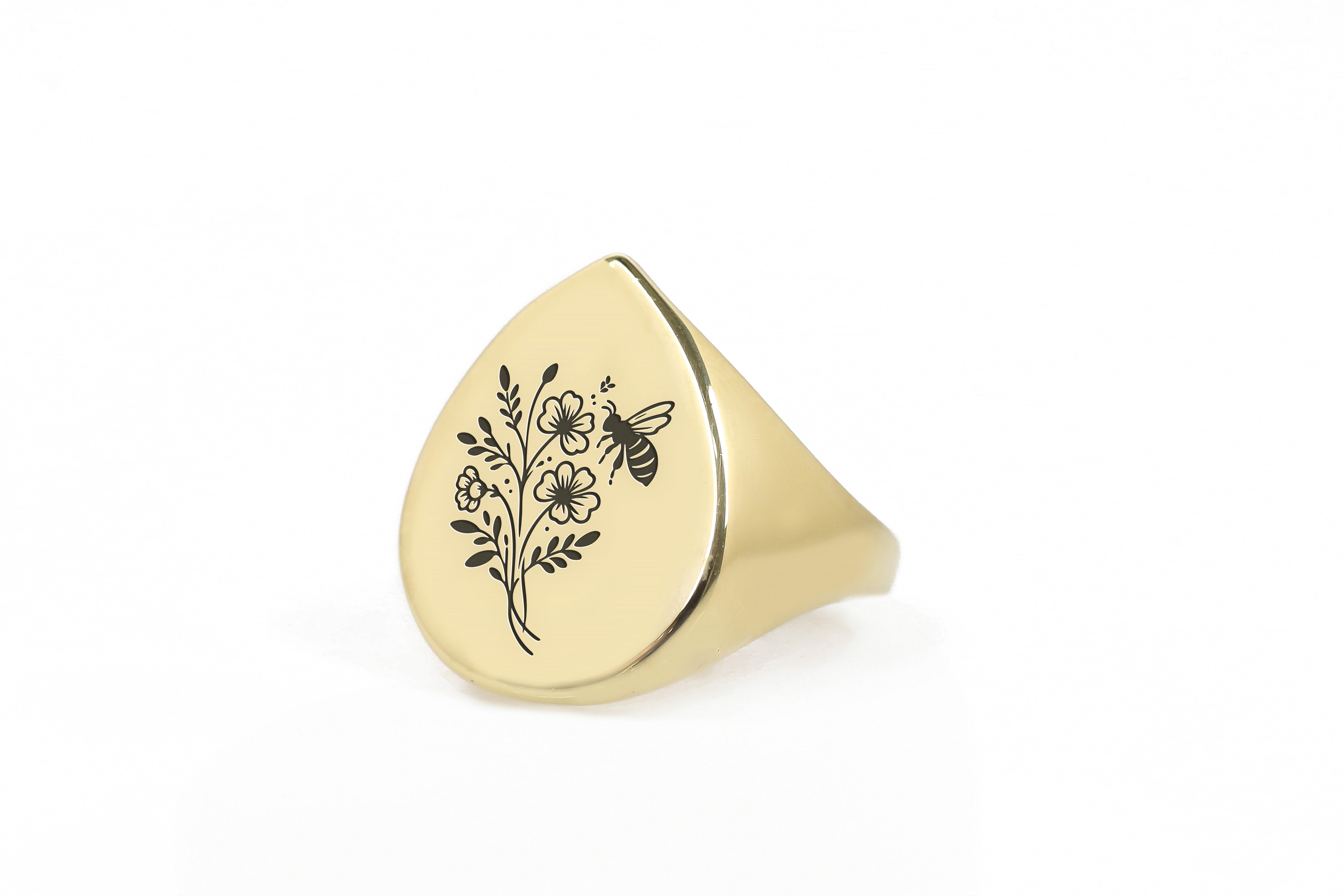 Engraved Bee & Flowers Ring