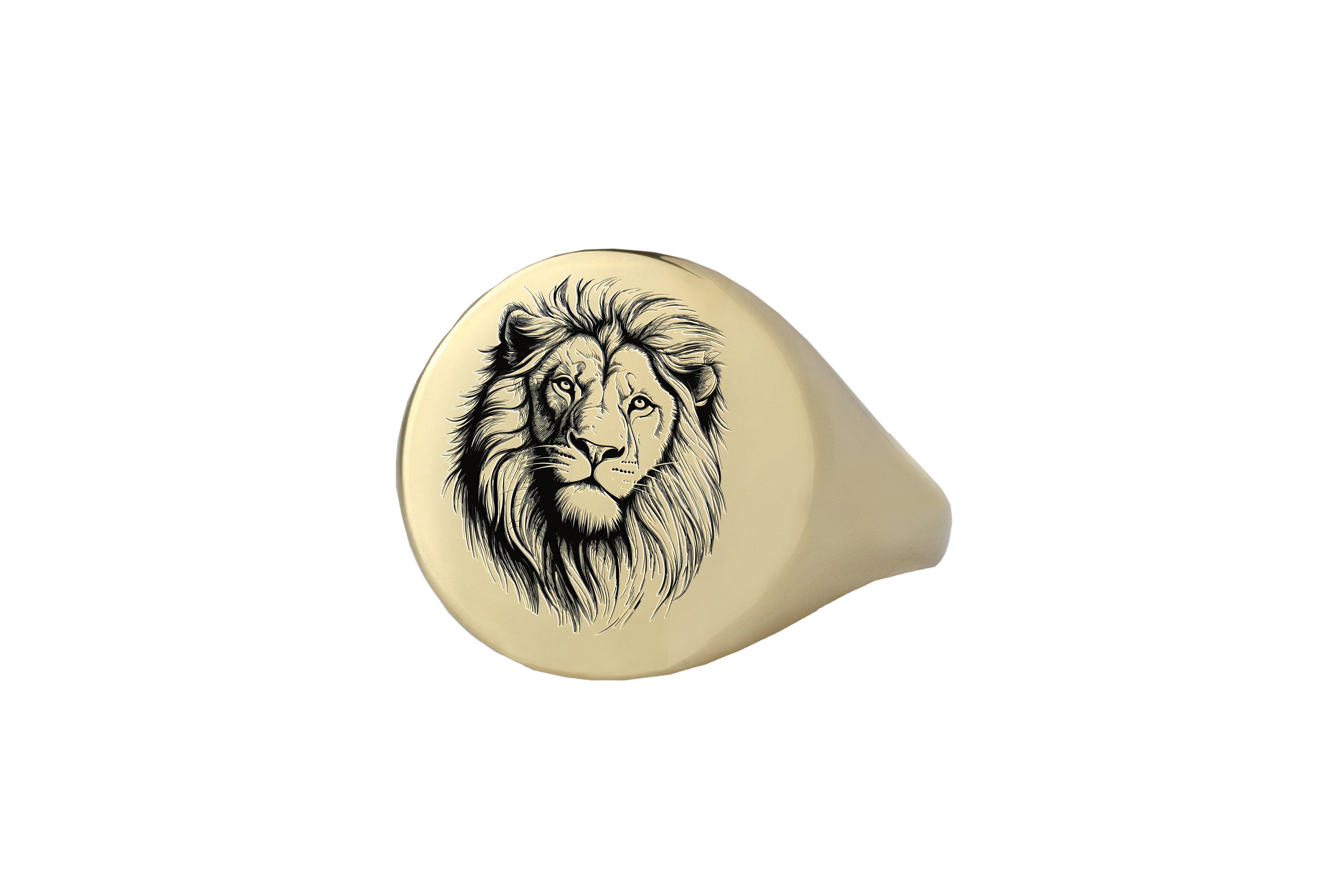 Gold Engraved Lion Sketch Signet Ring