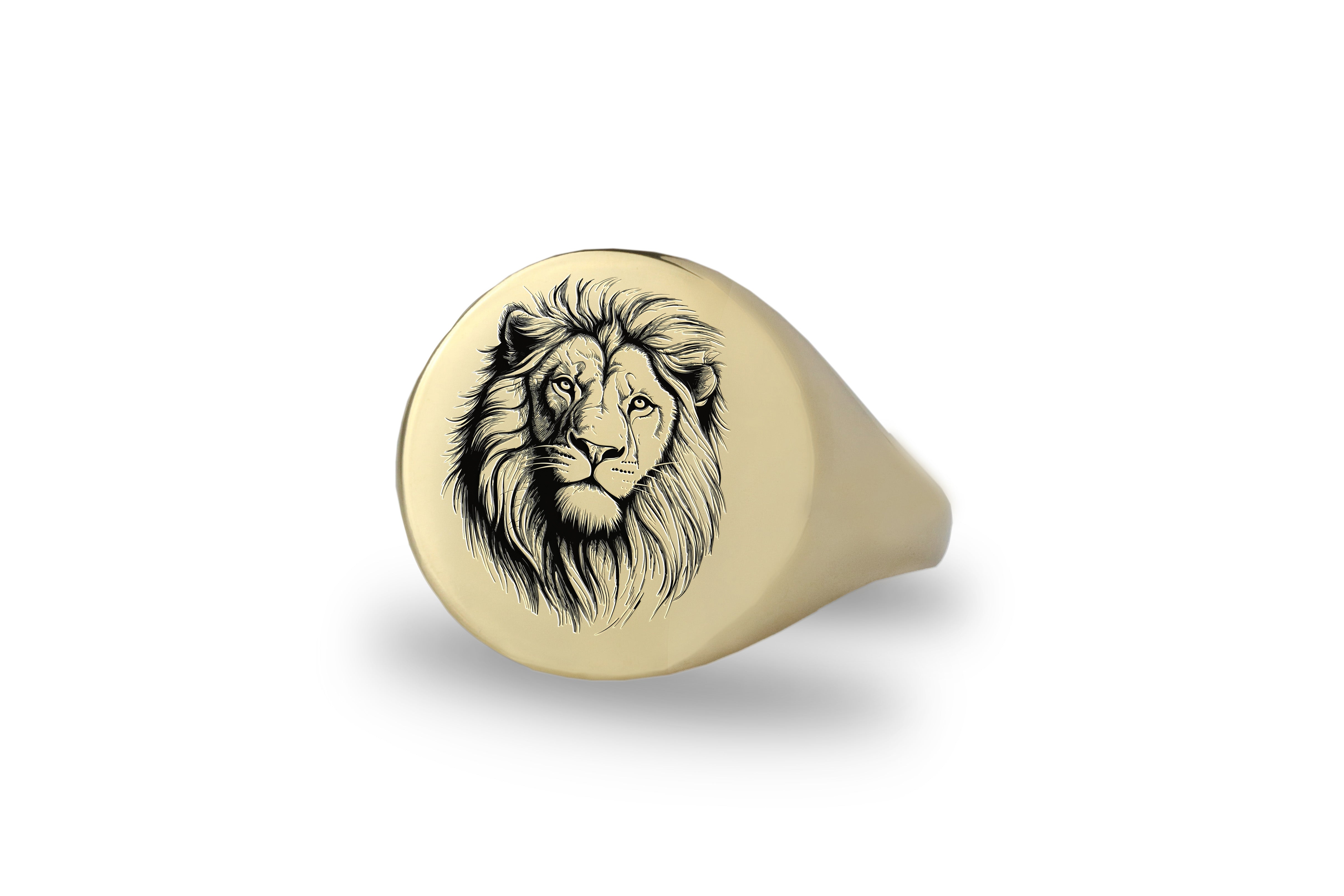 Gold Engraved Lion Sketch Signet Ring