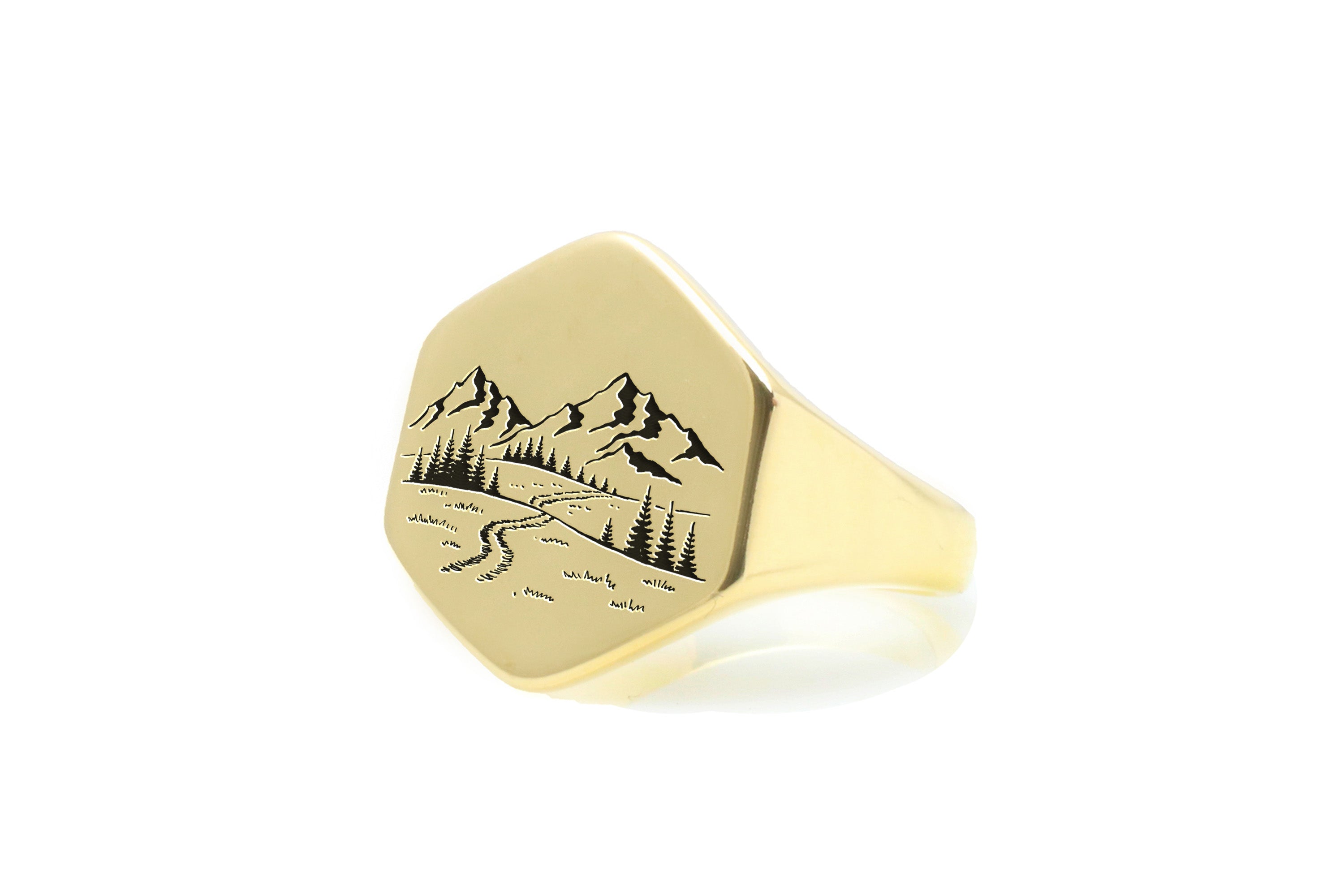 Engraved Forest Gold Signet Ring