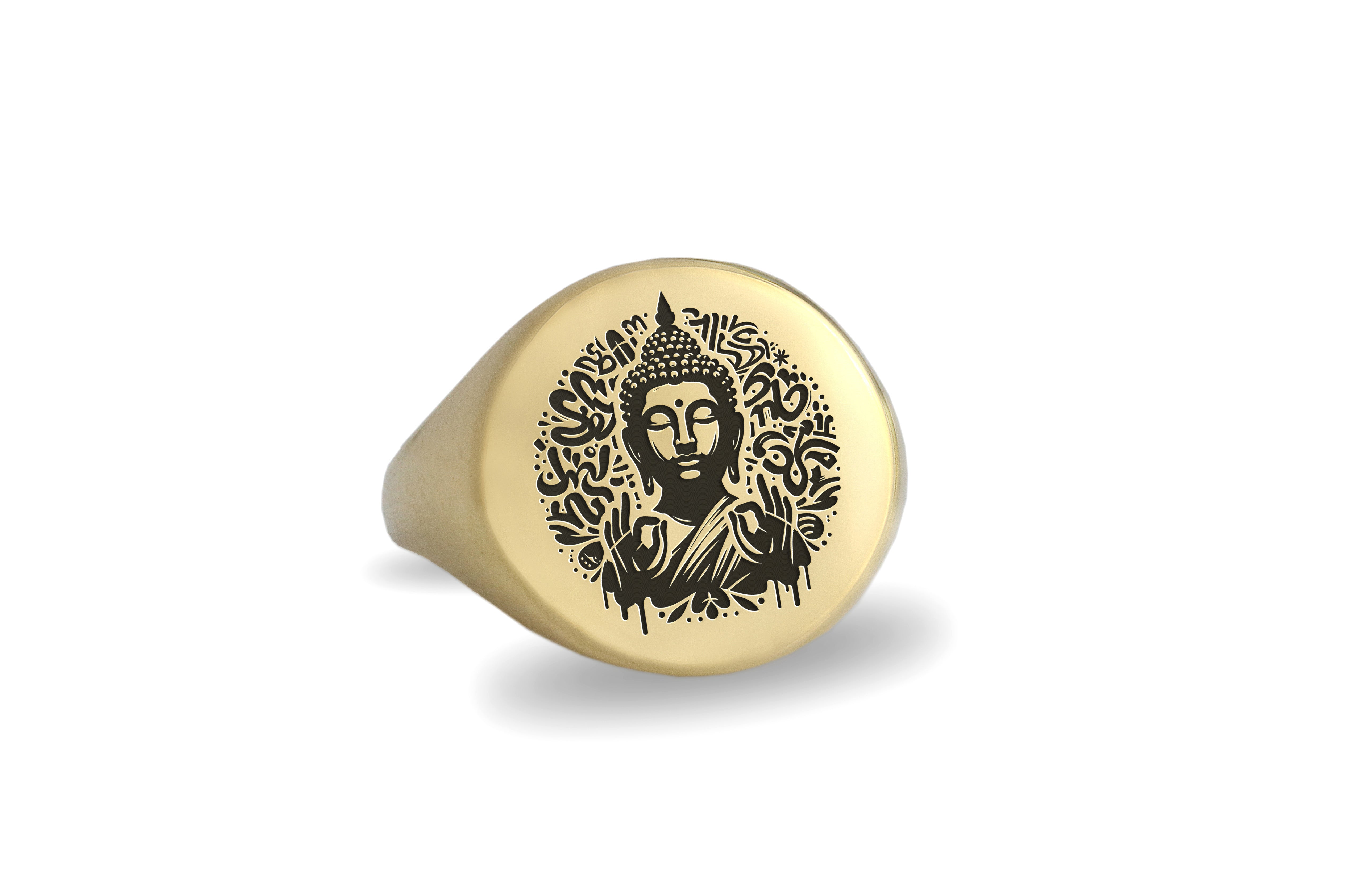 14k Gold Graffiti Buddha Signet Ring