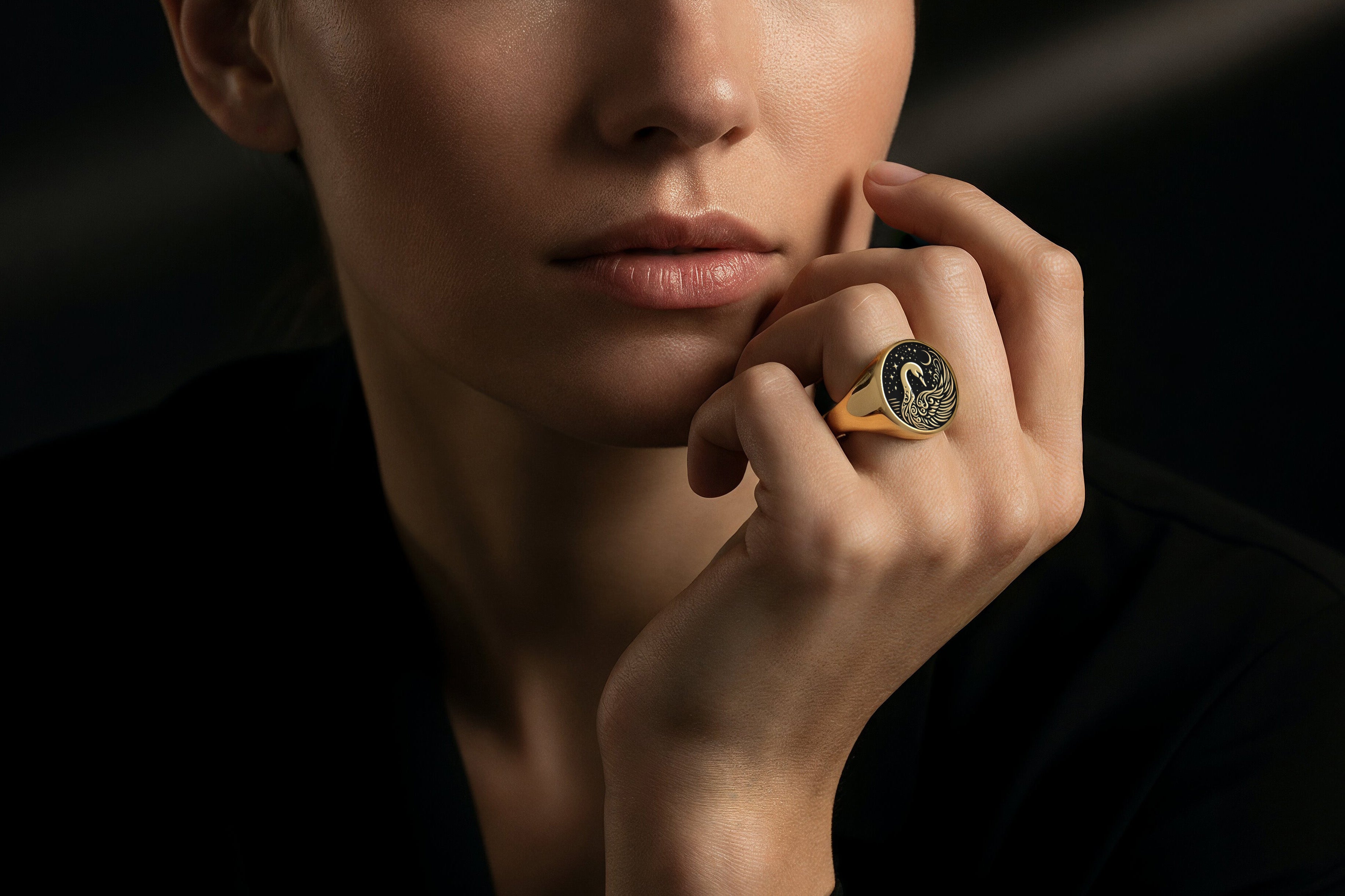 14k Gold Swan Signet Ring