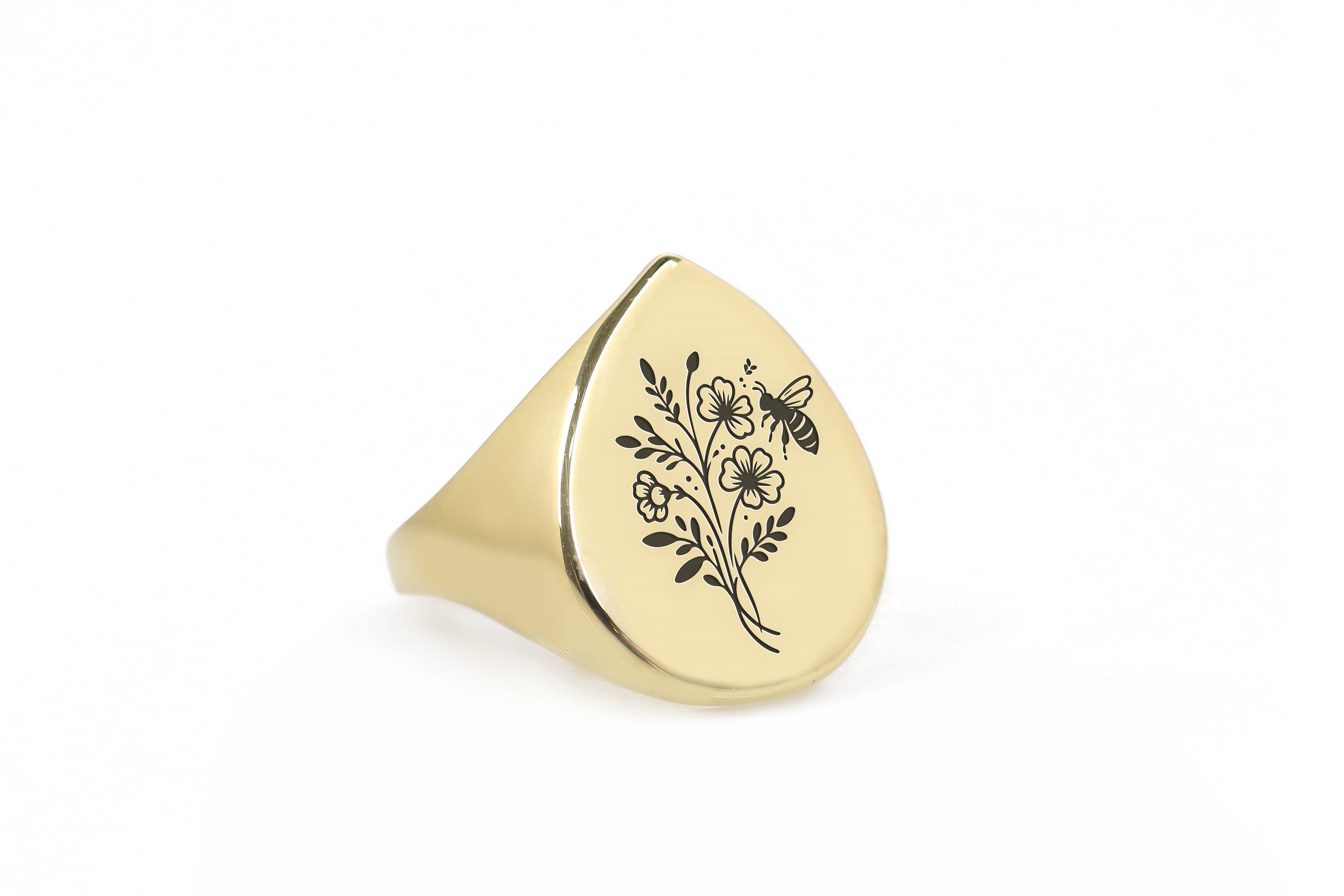 Engraved Bee & Flowers Ring