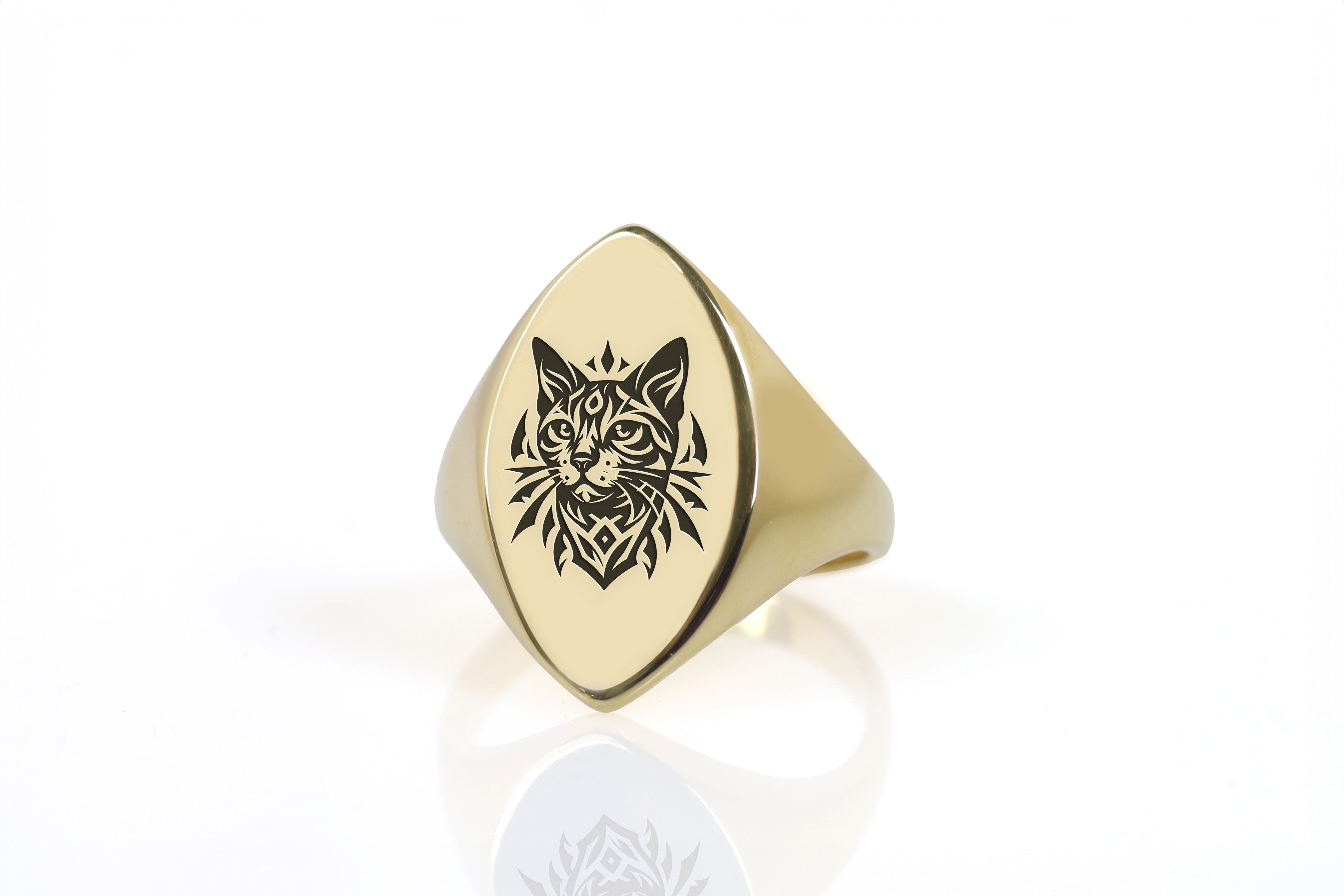 Engraved Cat Signet Ring