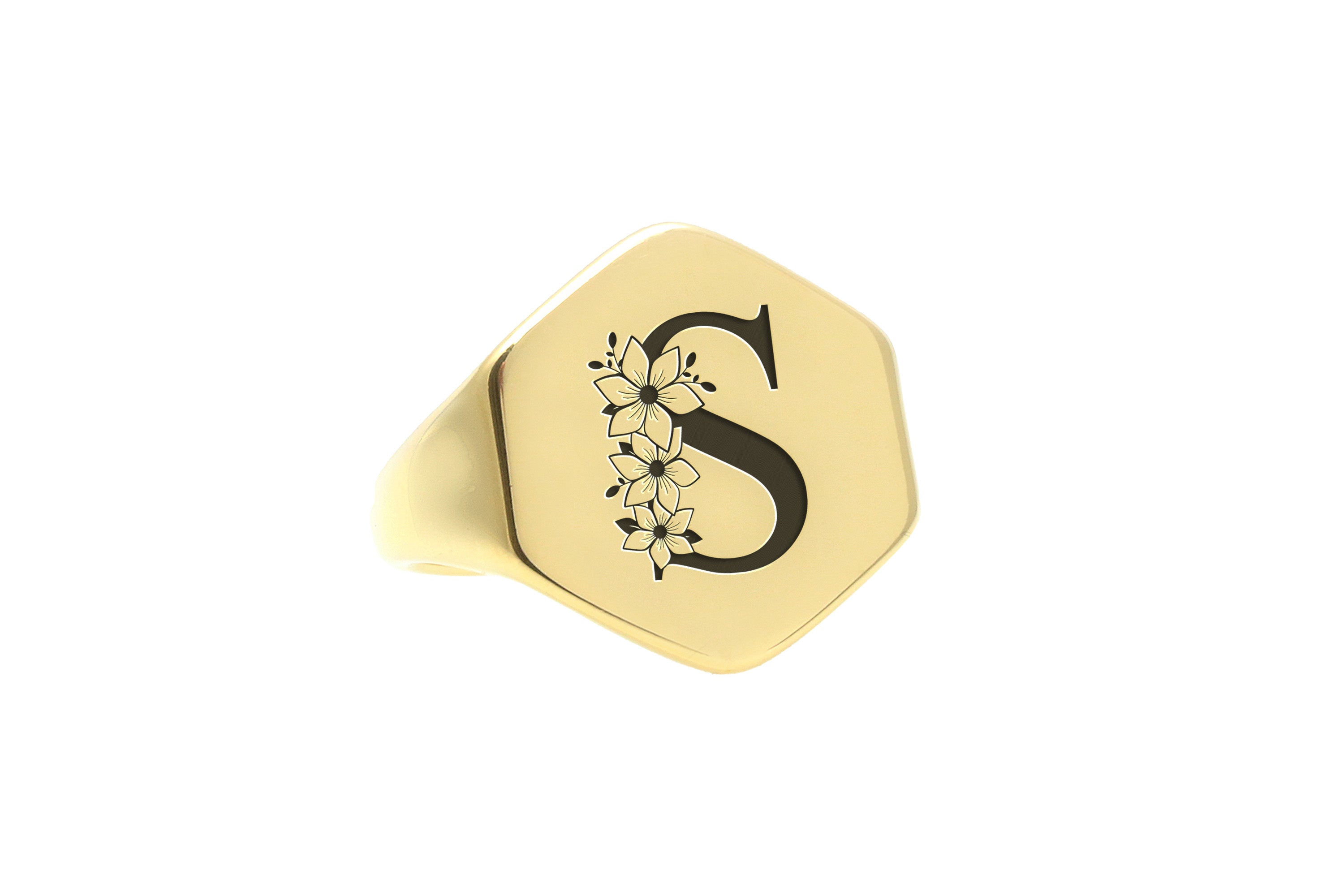 Flower Decorated Letter Gold Ring