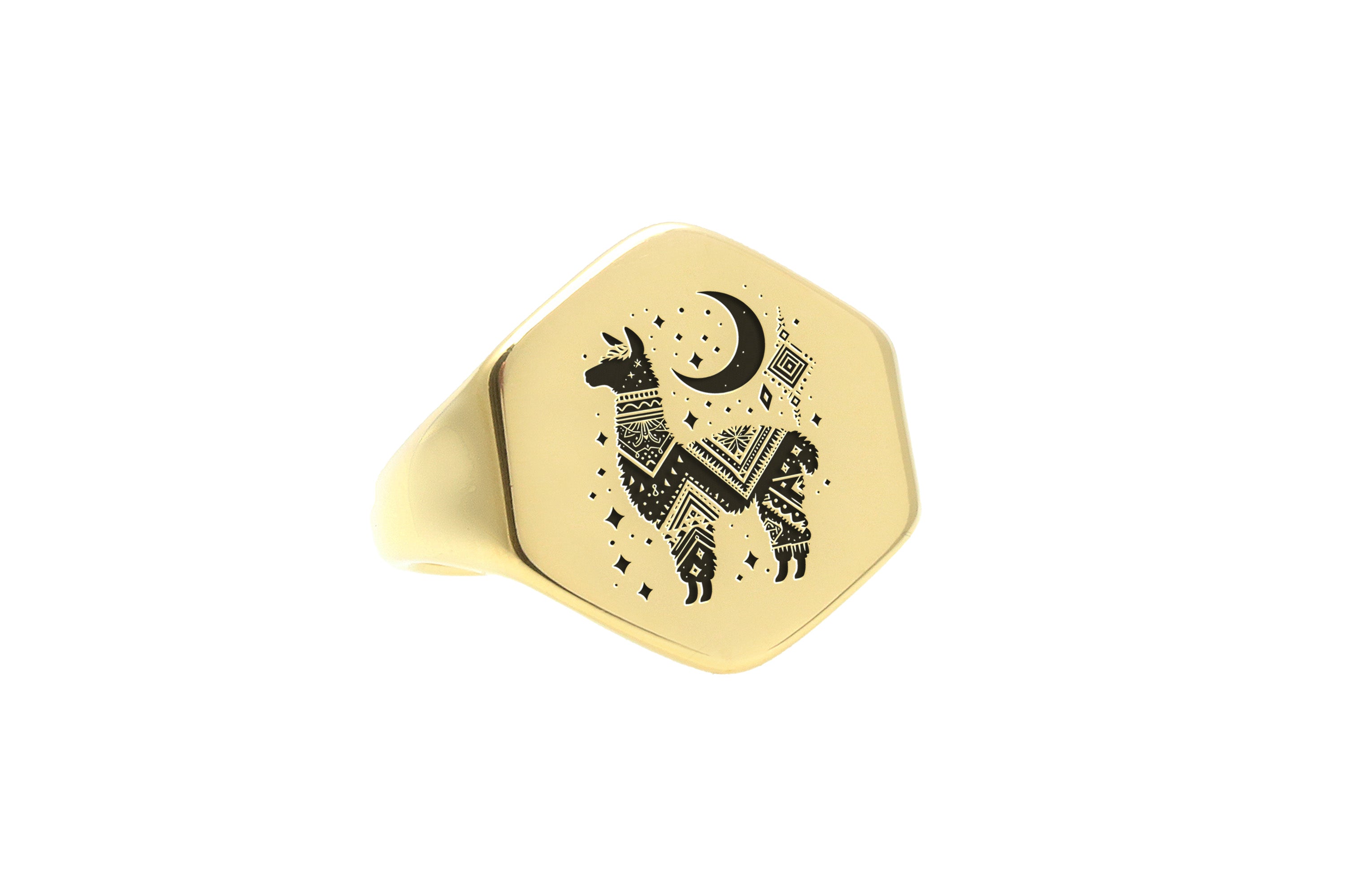 Custom Gold Hexagon Shaped Signet Ring with Engraved Alpaca