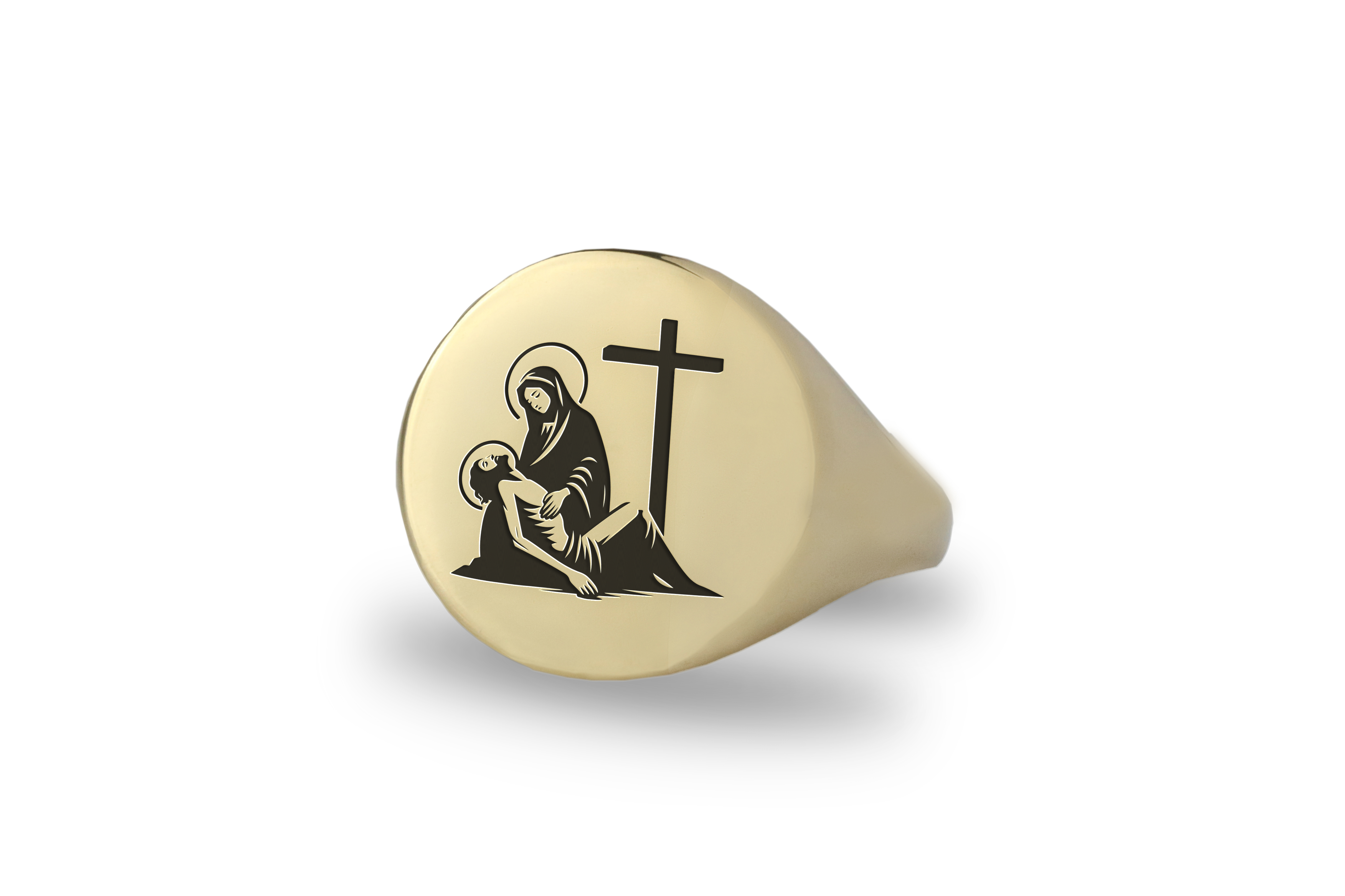 Mother Mary and Jesus Crucifix Gold Signet Ring