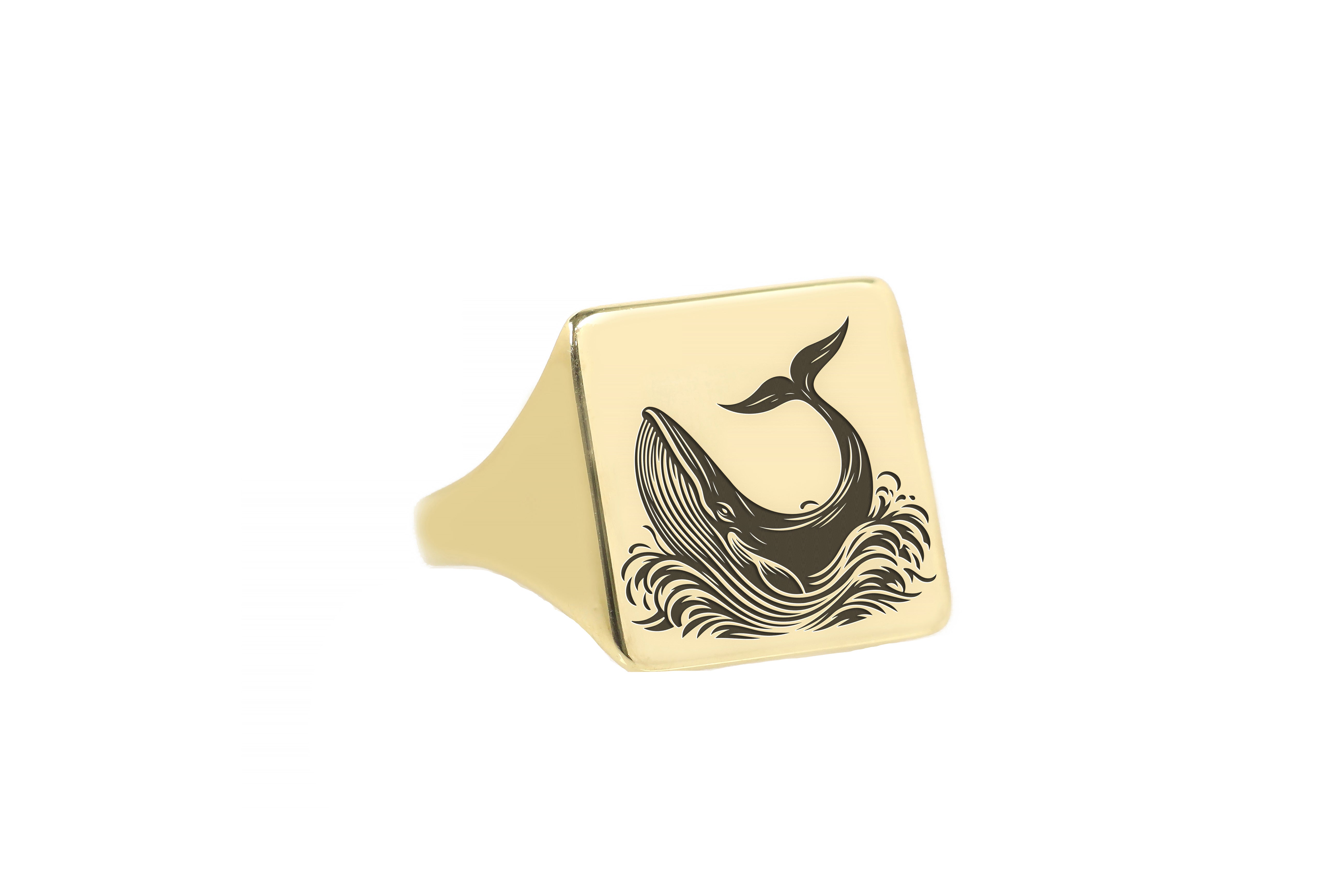 Engraved Whale Gold Signet Ring