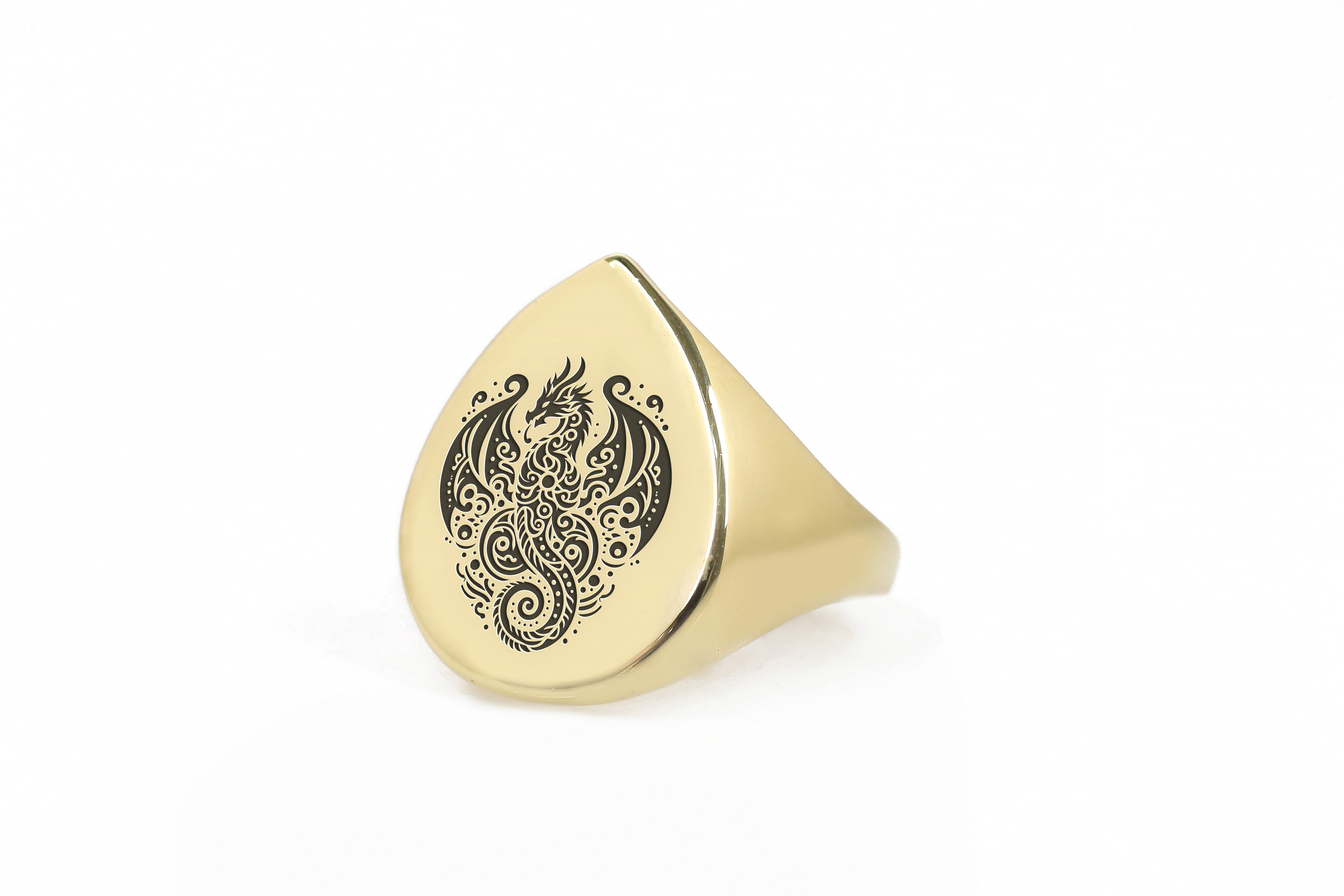 Engraved Dragon Gold Signet Ring