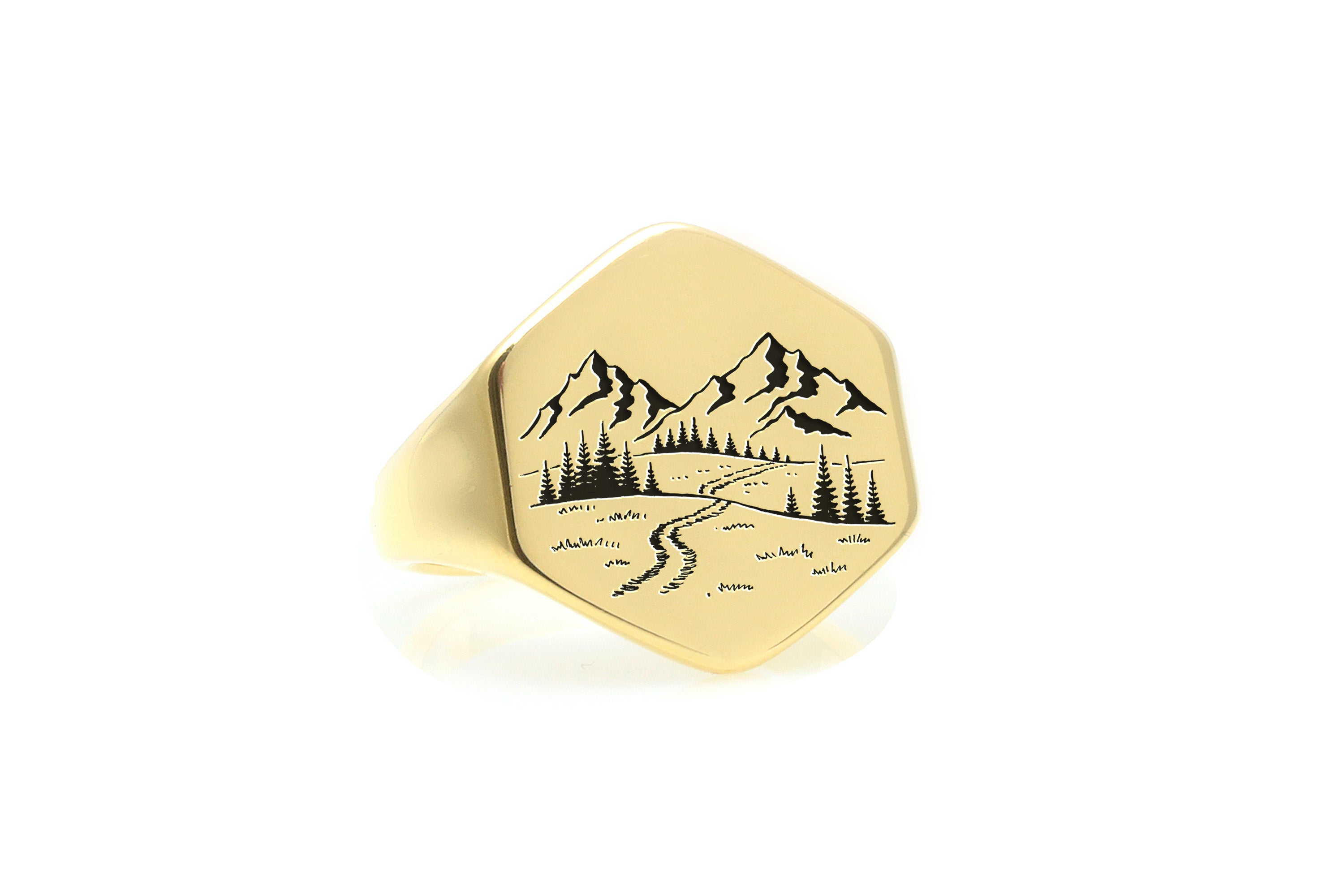 Engraved Forest Gold Signet Ring