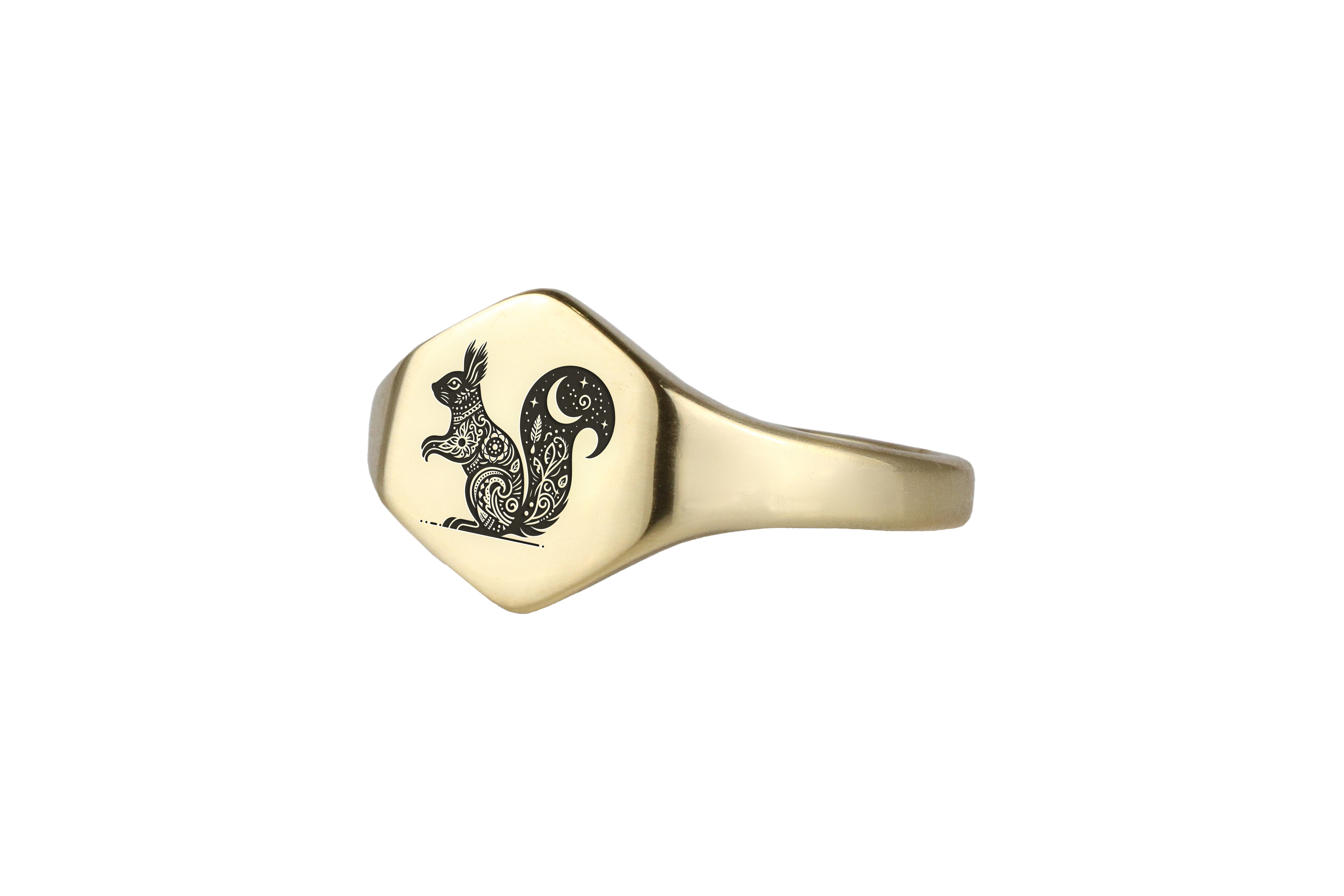 Custom Gold Hexagon Signet Ring with Cute Squirrel Engraving