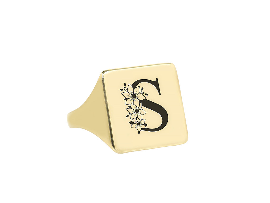 Engraved Flowered Letter Ring