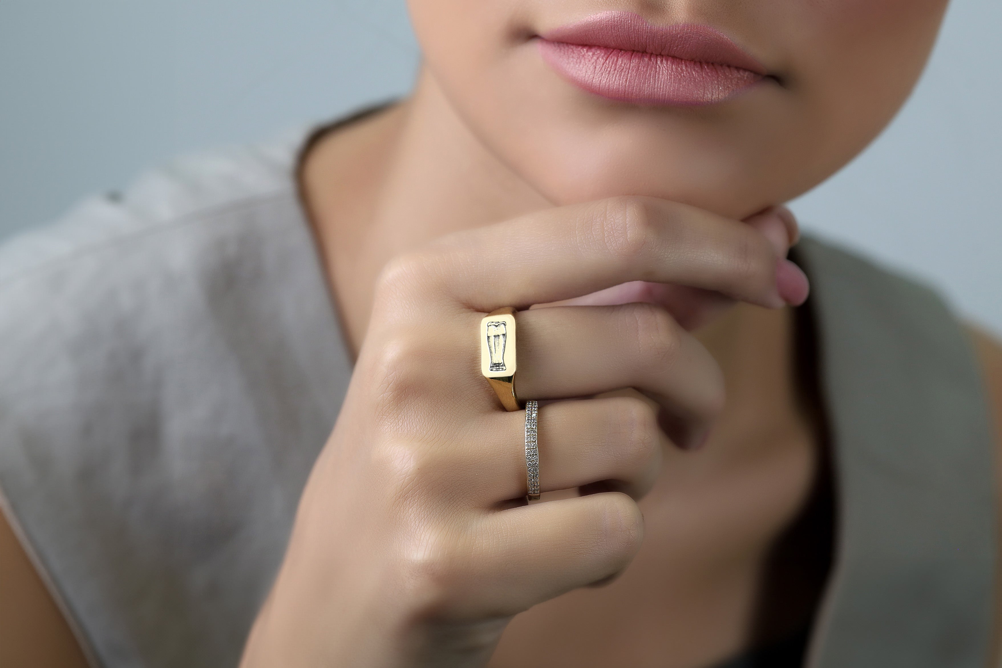 Custom Gold Rectangle Shaped Signet Ring with Engraved Beer Design