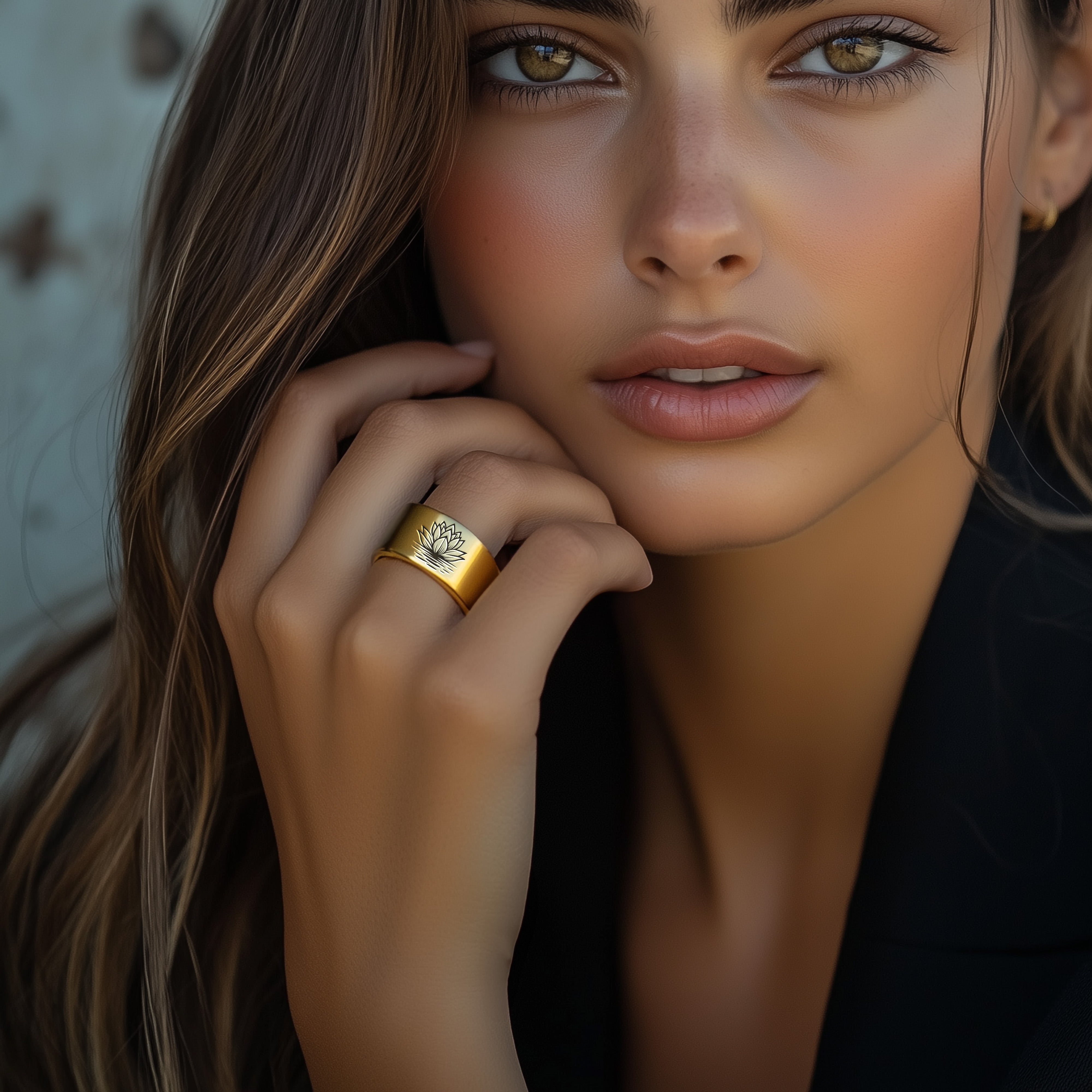 Engraved Lotus Wide Band Ring