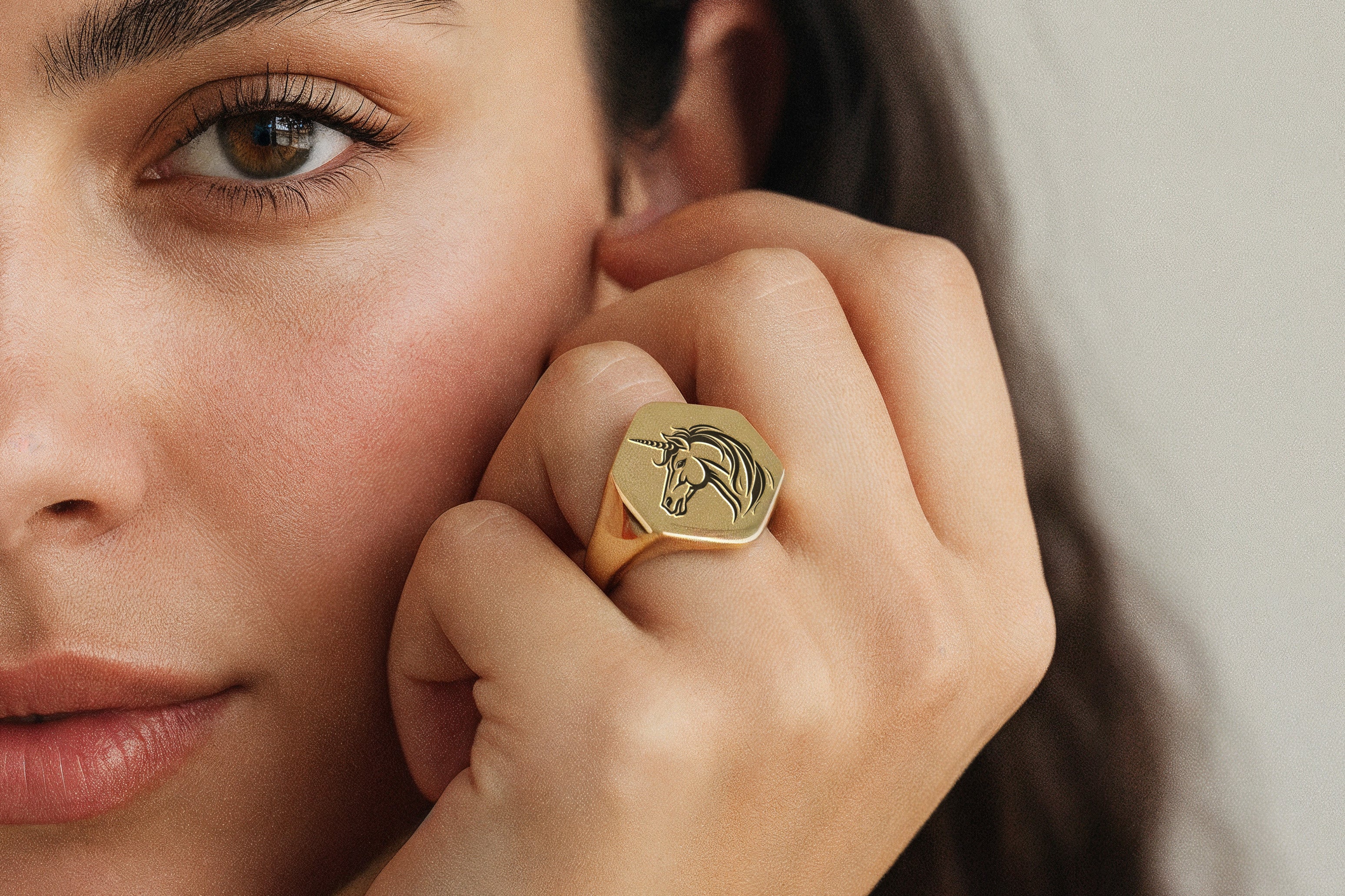 Unisex Hexagon Unicorn Gold Signet Ring