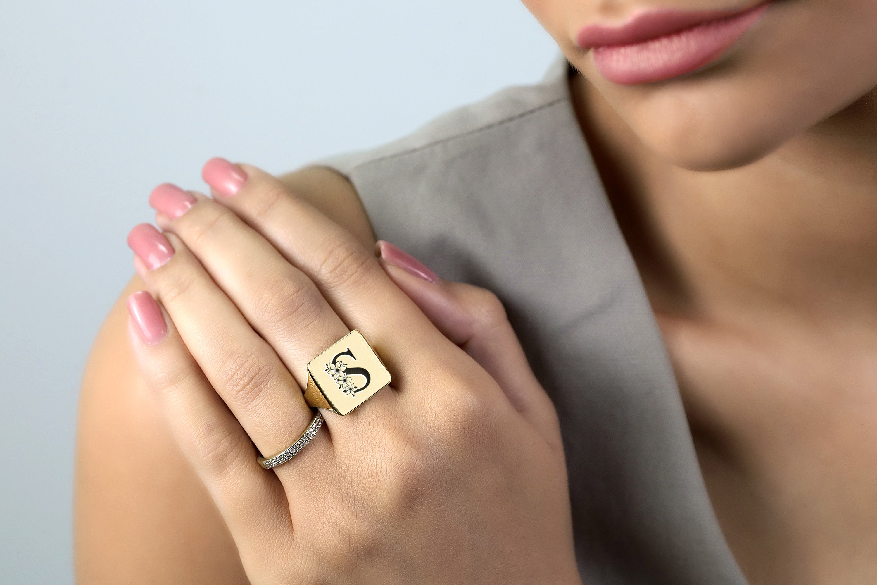 Engraved Flowered Letter Ring