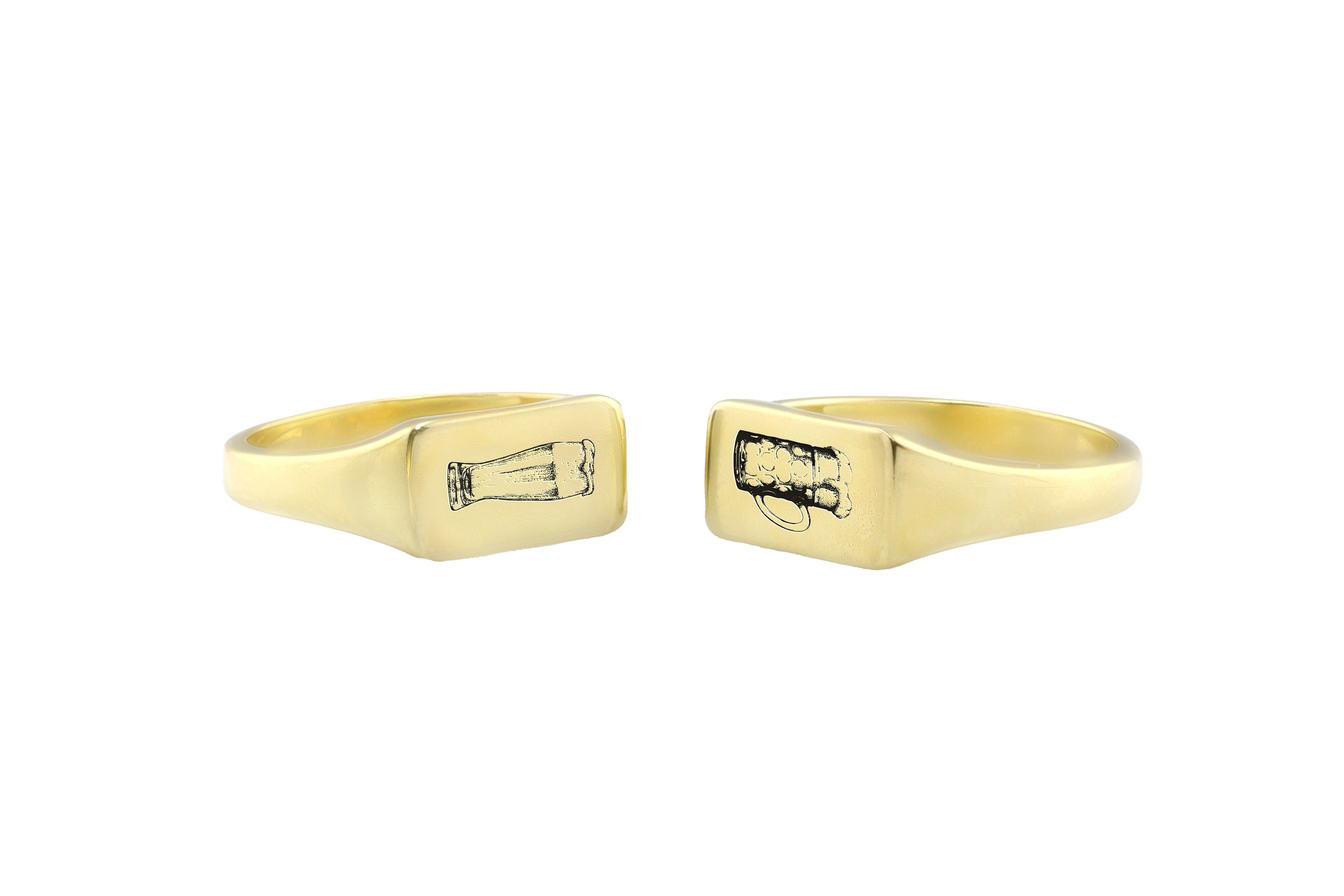 Custom Gold Rectangle Shaped Signet Ring with Engraved Beer Design