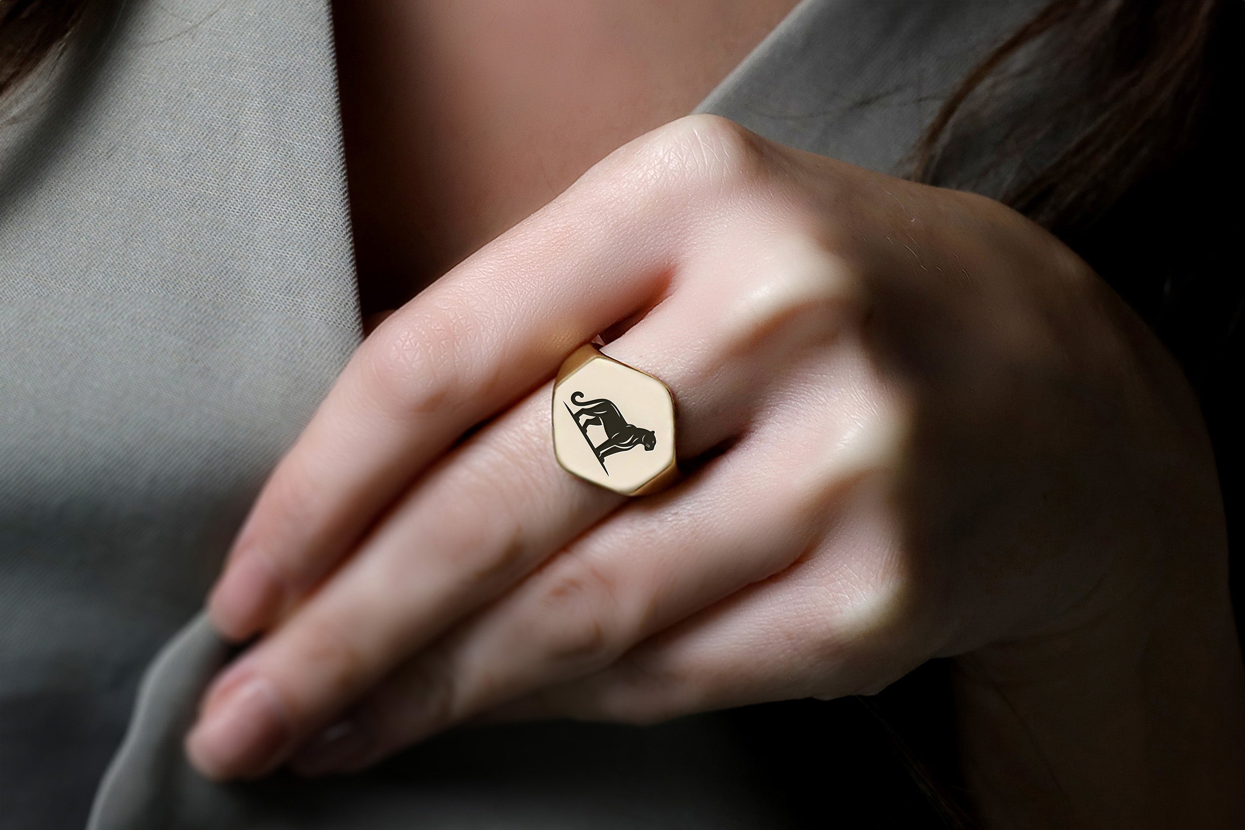 Engraved Cougar Signet Ring