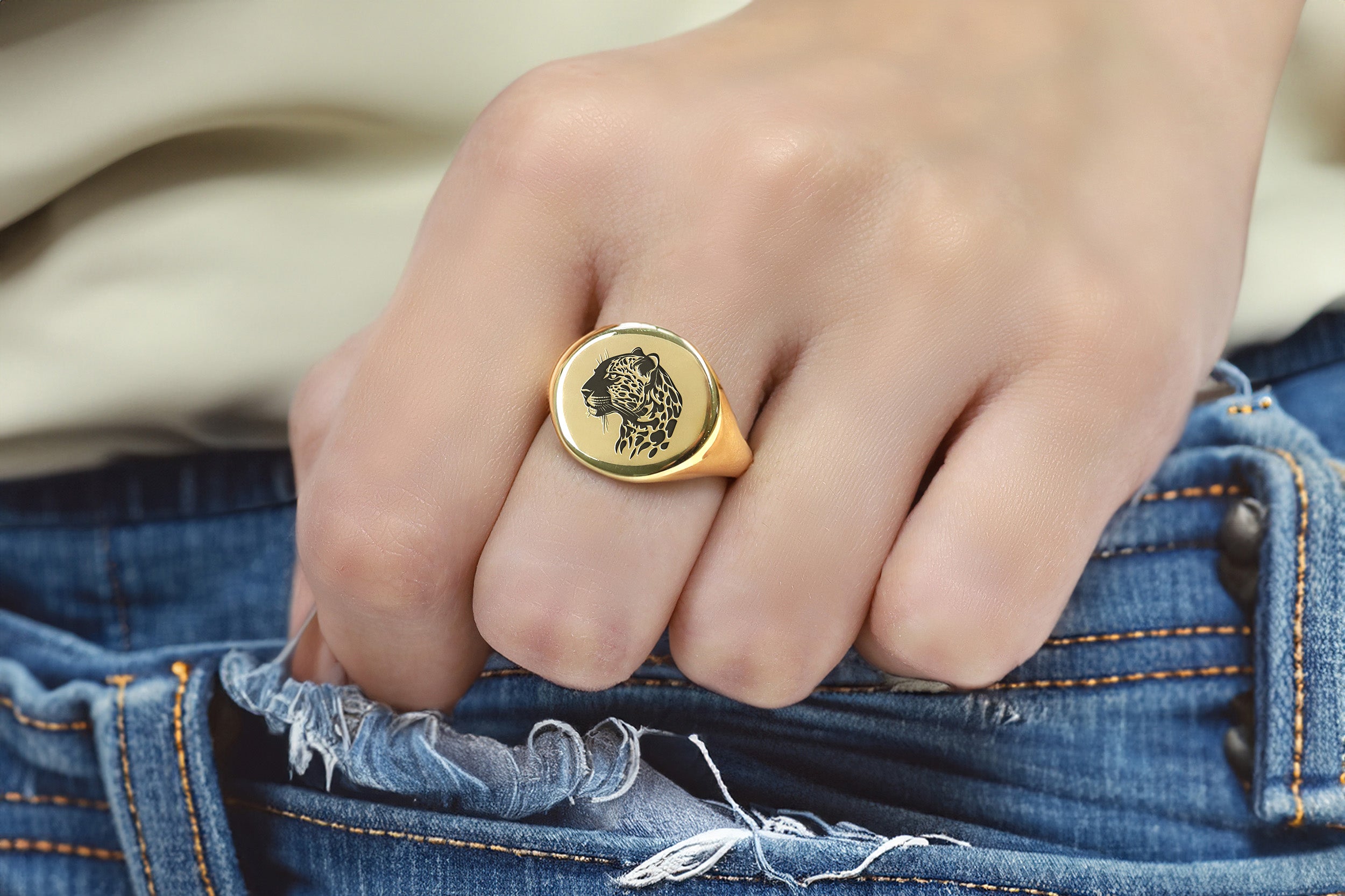 Engraved Jaguar Gold Ring