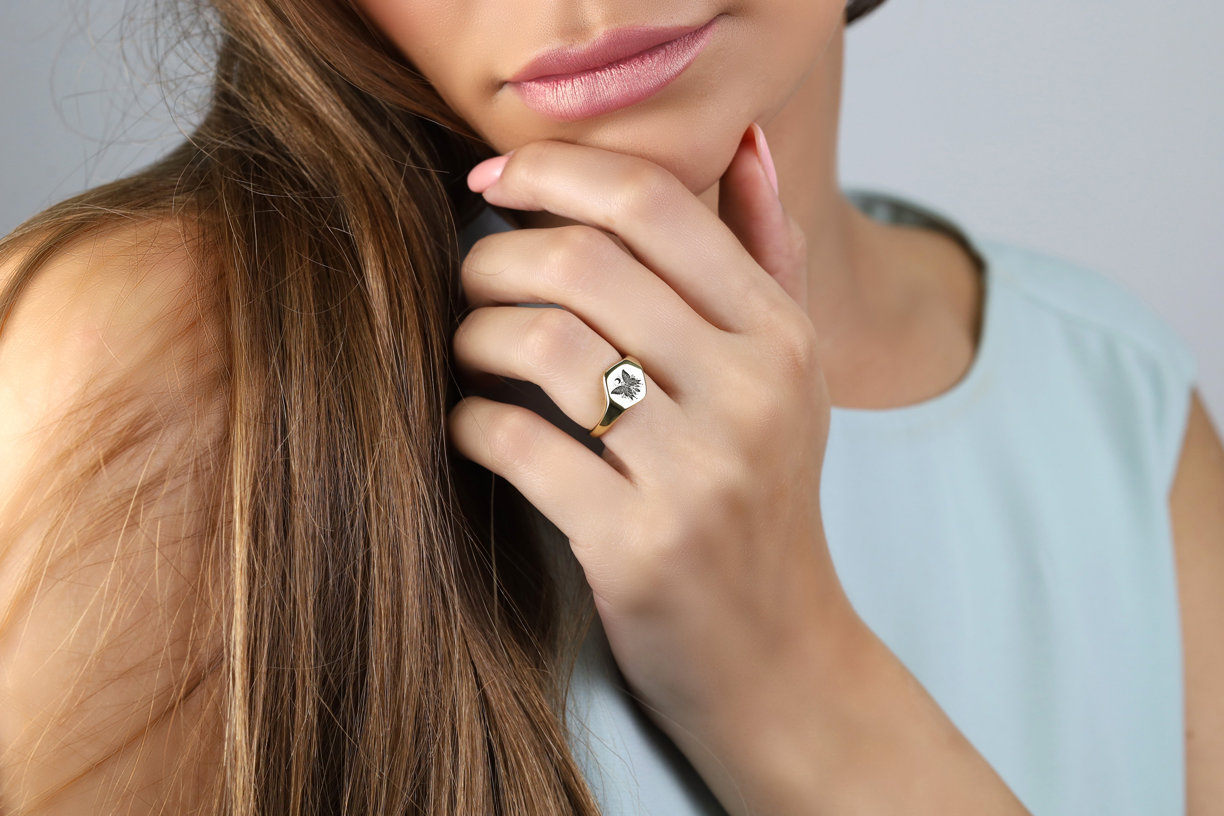 Custom Gold Hexagon Signet Ring with Engraved Butterfly