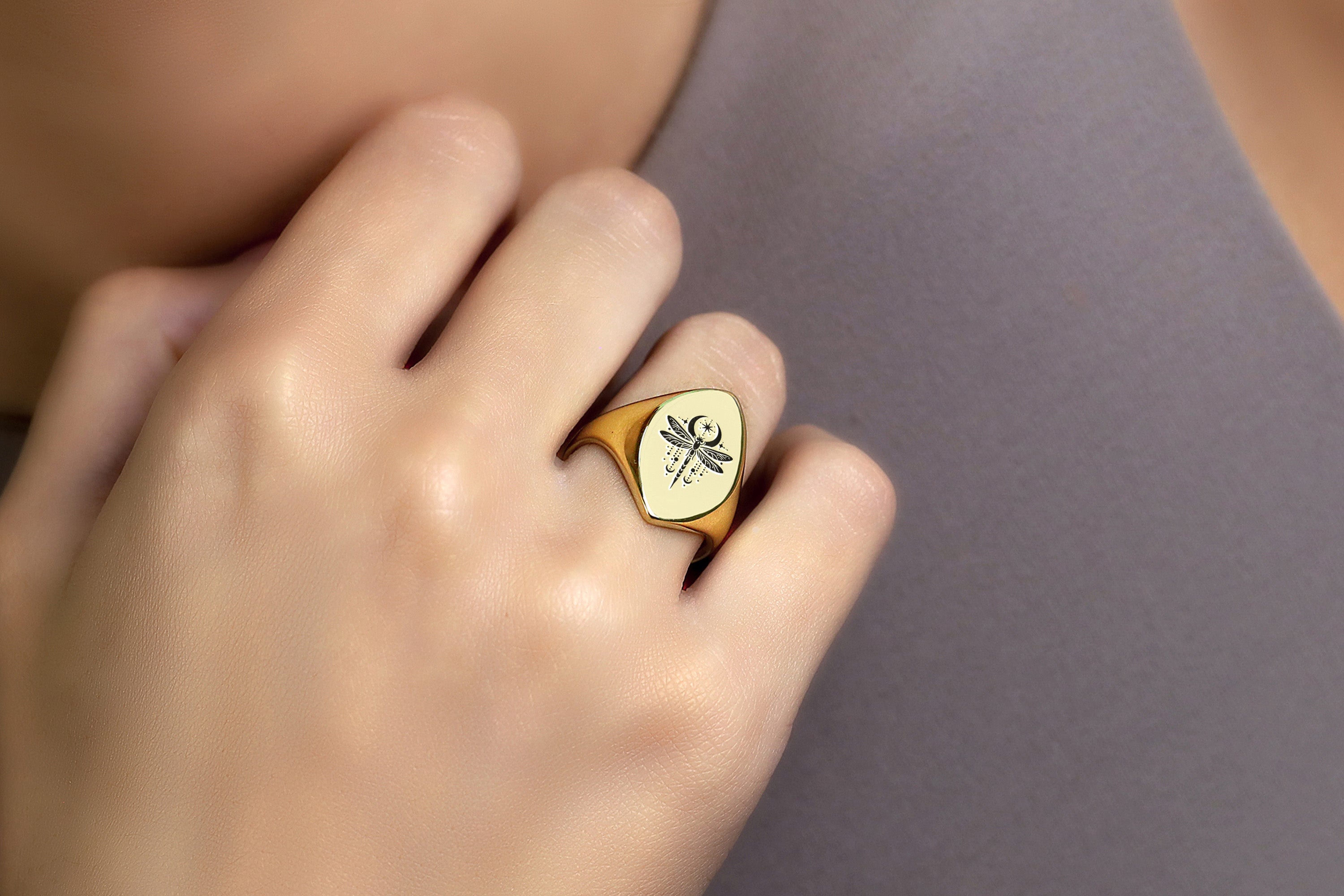 14k Gold Dragonfly Signet Ring