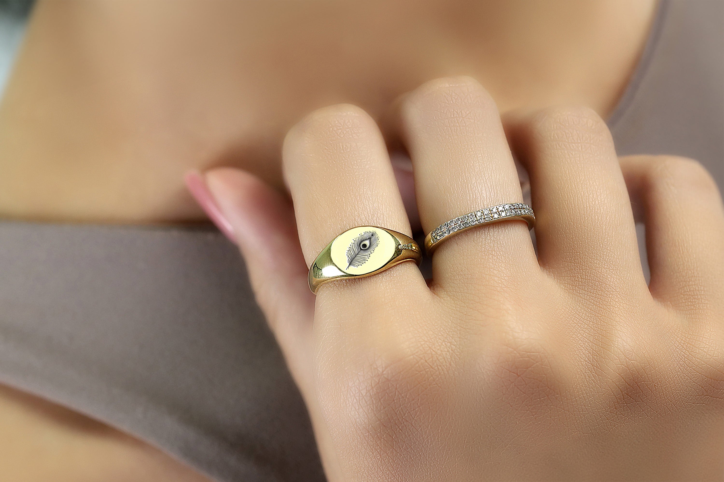 Engraved Peacock Feather Ring