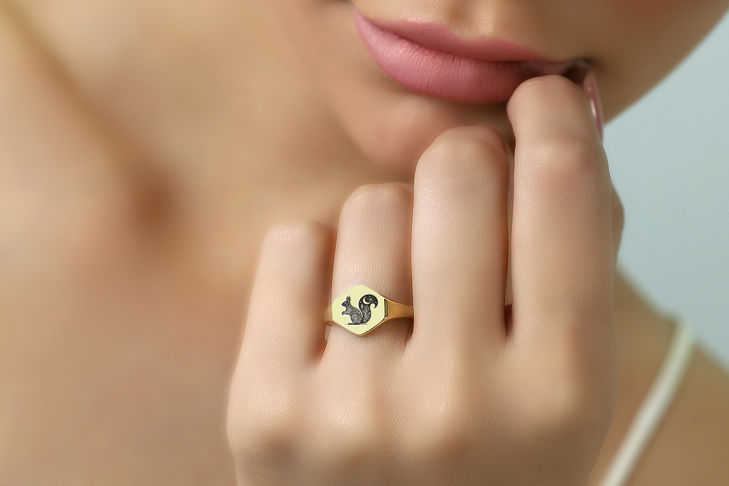 Custom Gold Hexagon Signet Ring with Cute Squirrel Engraving