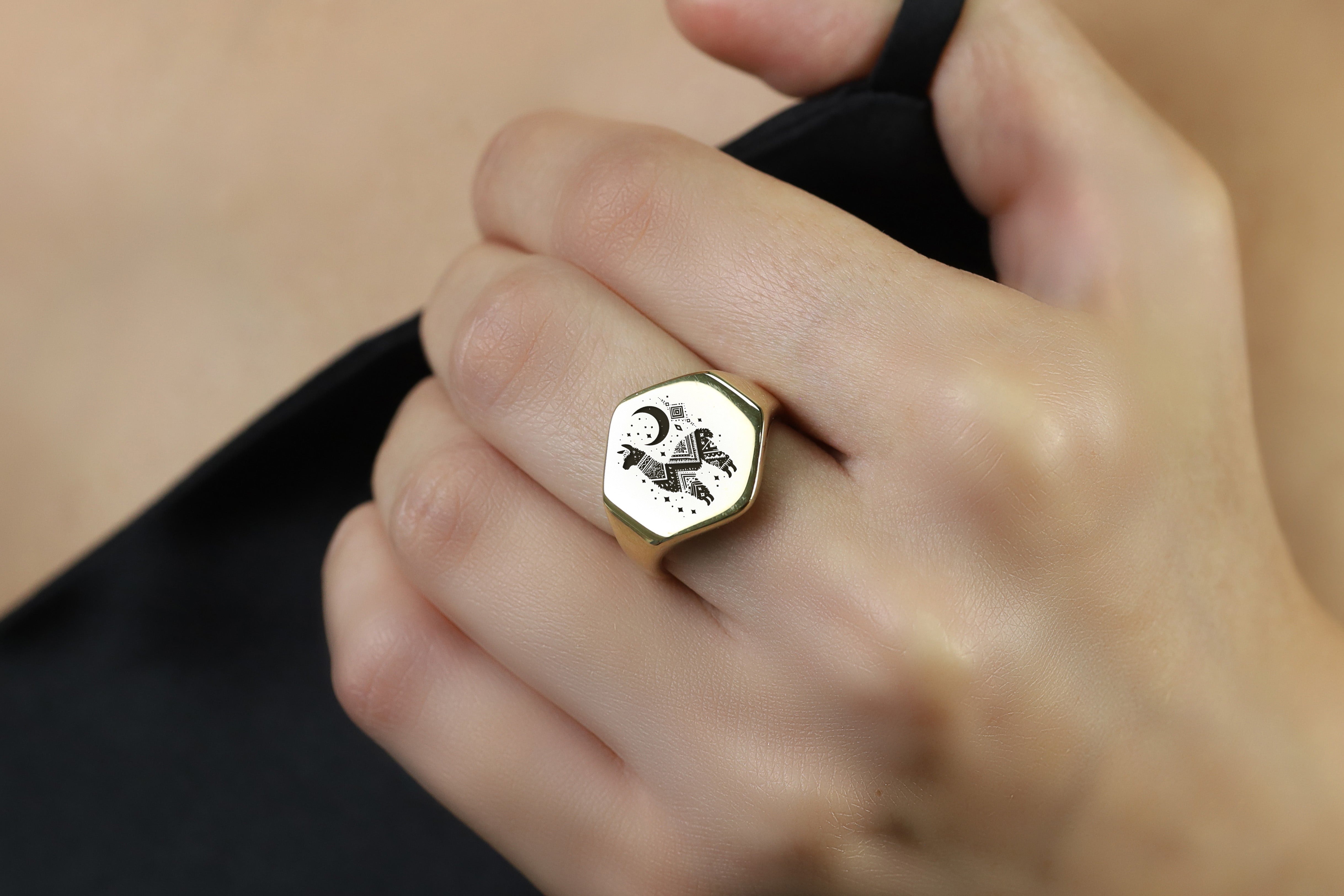 Custom Gold Hexagon Shaped Signet Ring with Engraved Alpaca