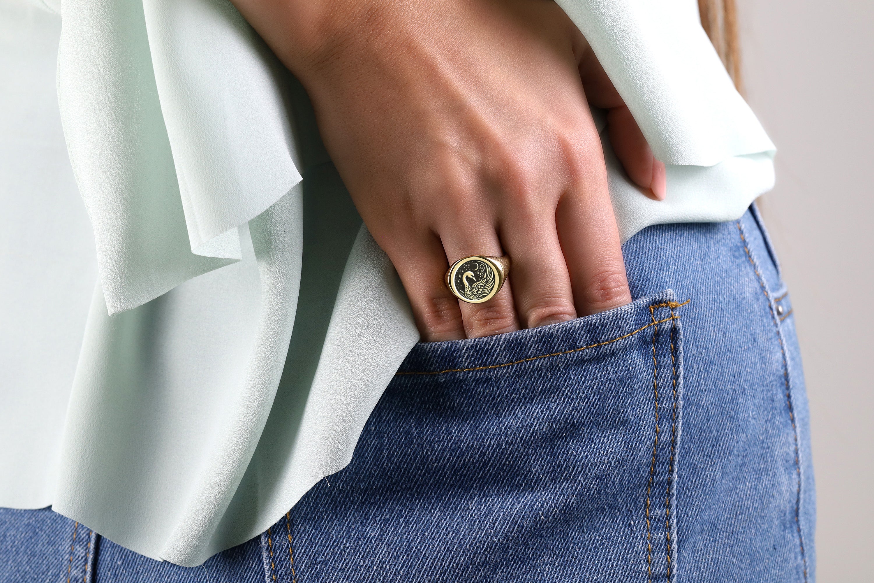14k Gold Swan Signet Ring