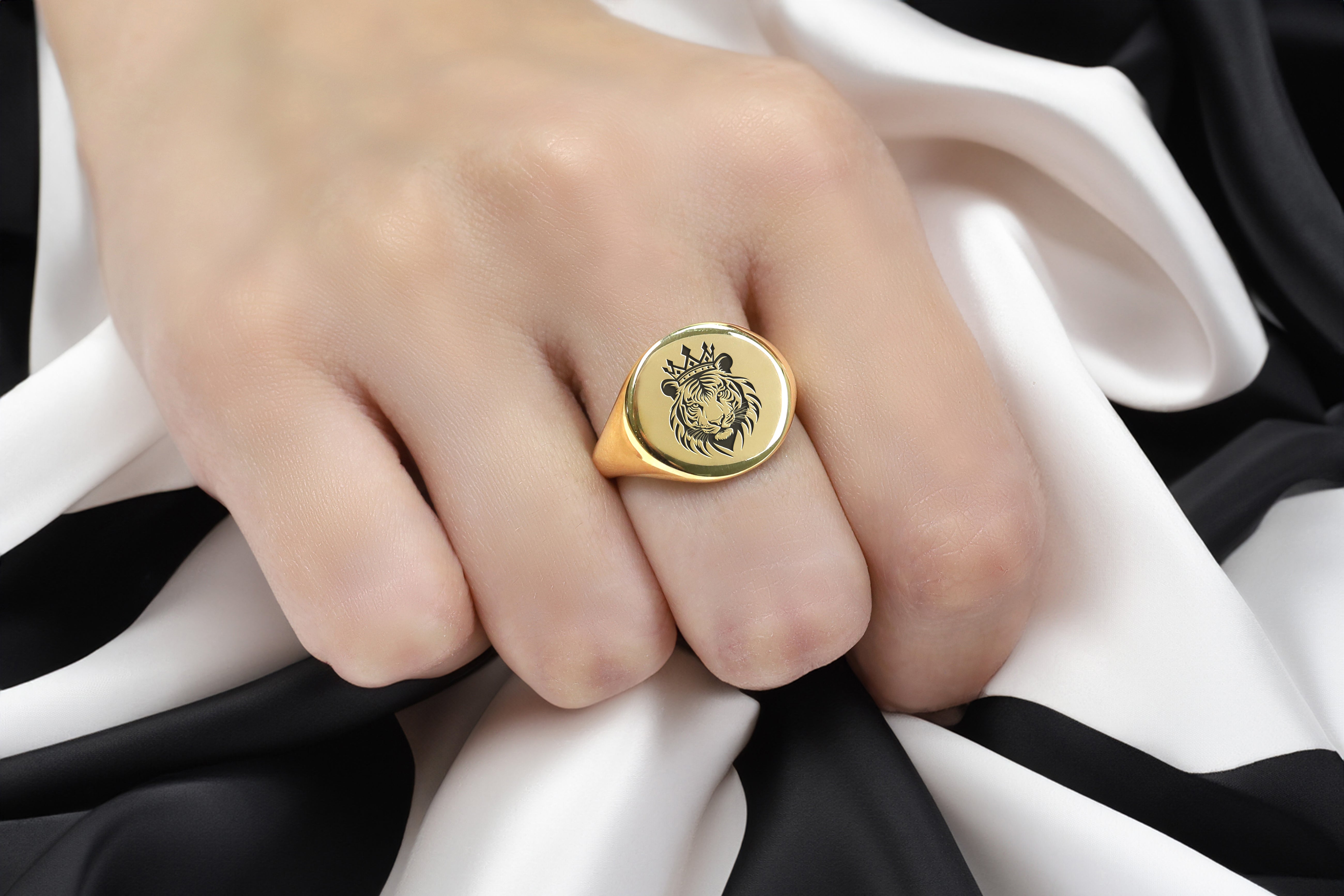 Engraved Tiger And Crown Ring
