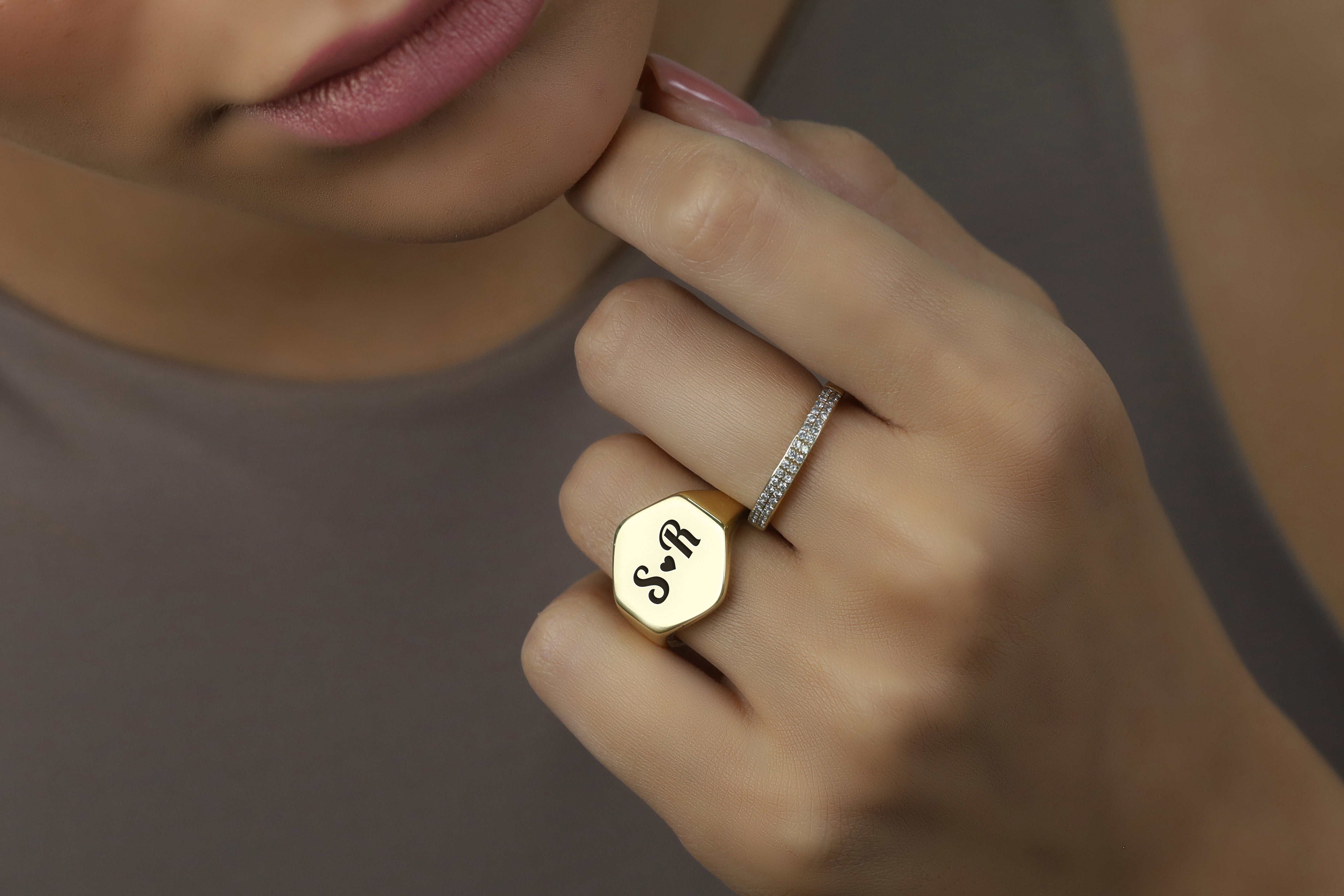 Custom Gold Signet Ring with Couples' Initials Engraving