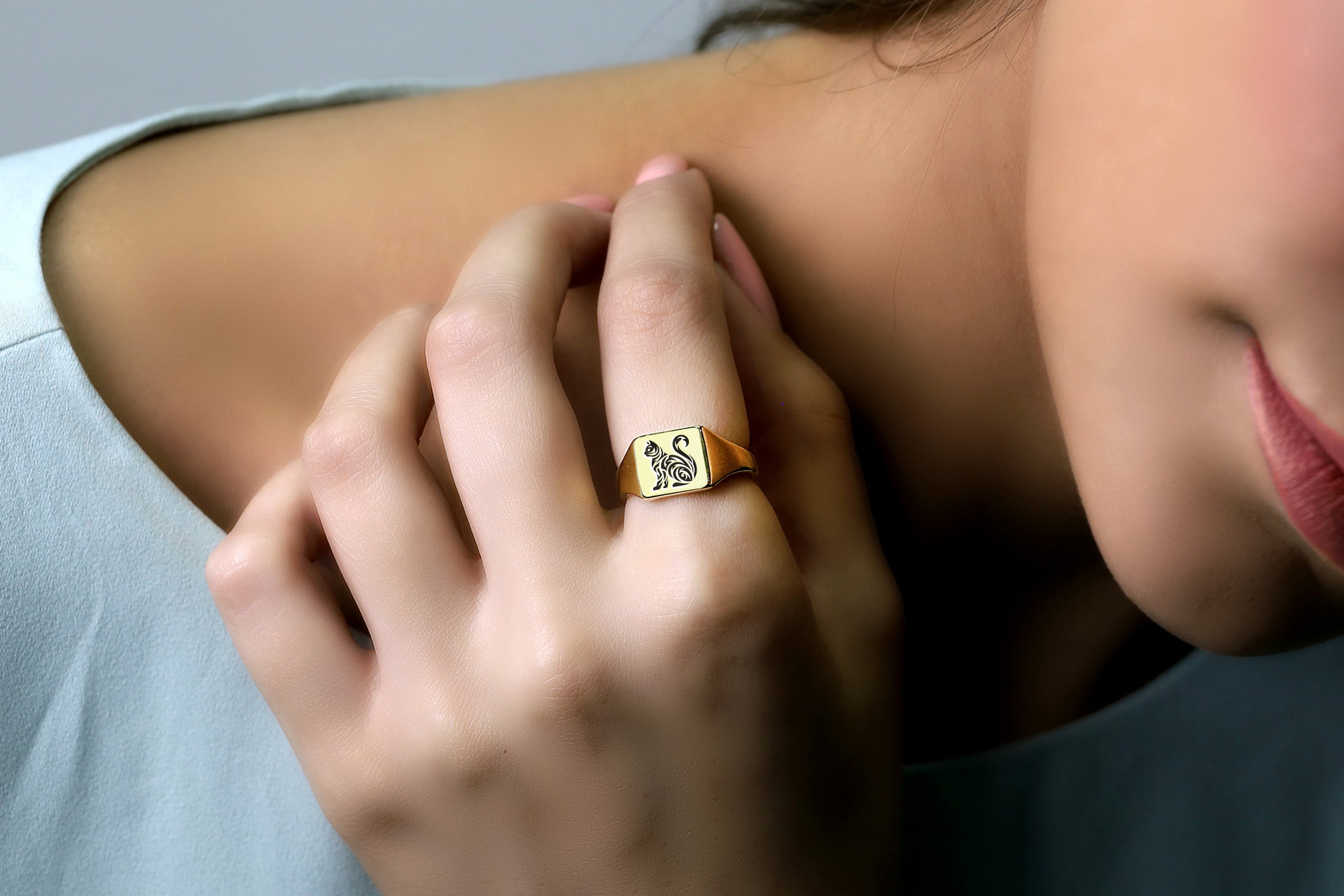 Square Cat Engraving Ring