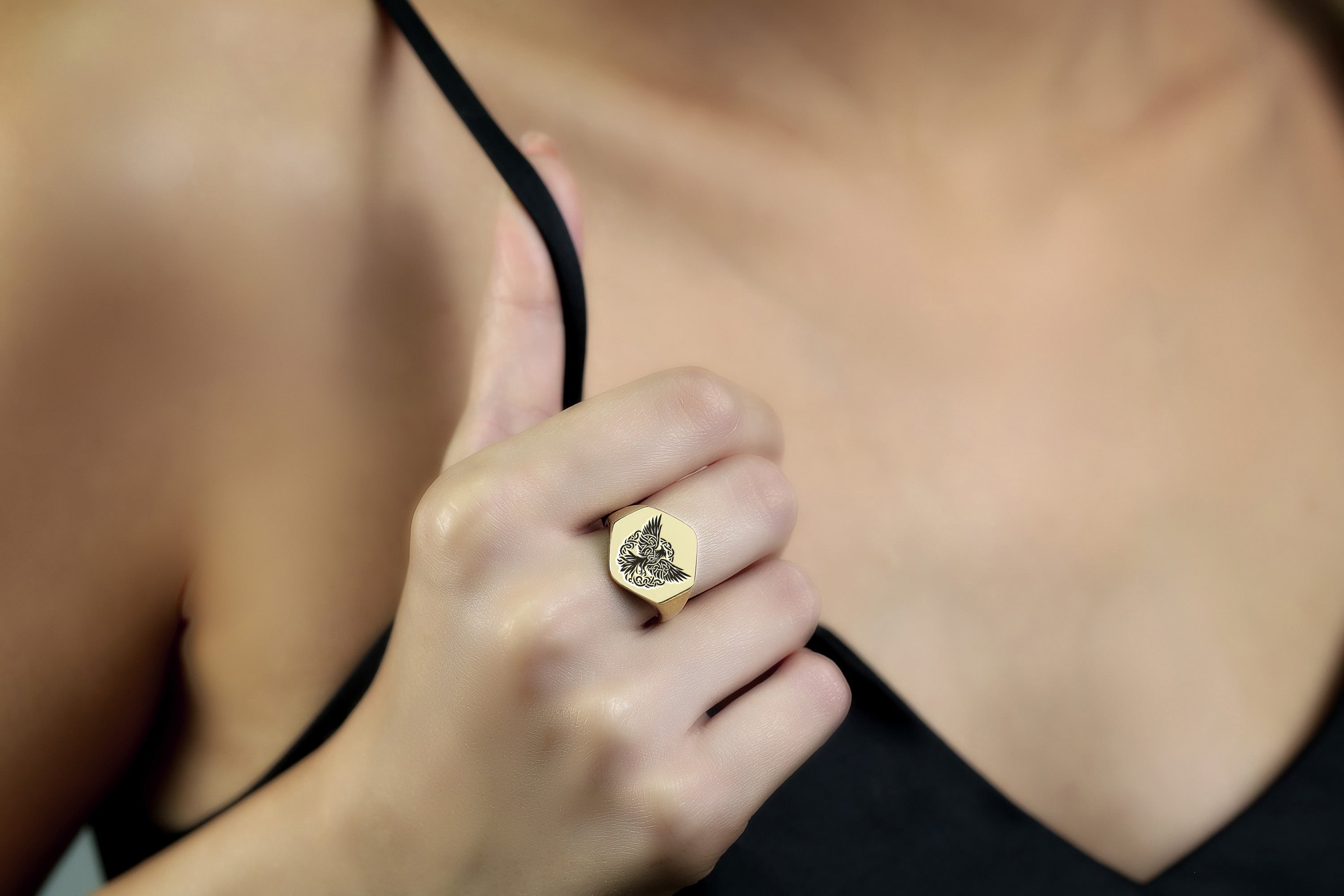 Engraved Raven Signet Ring