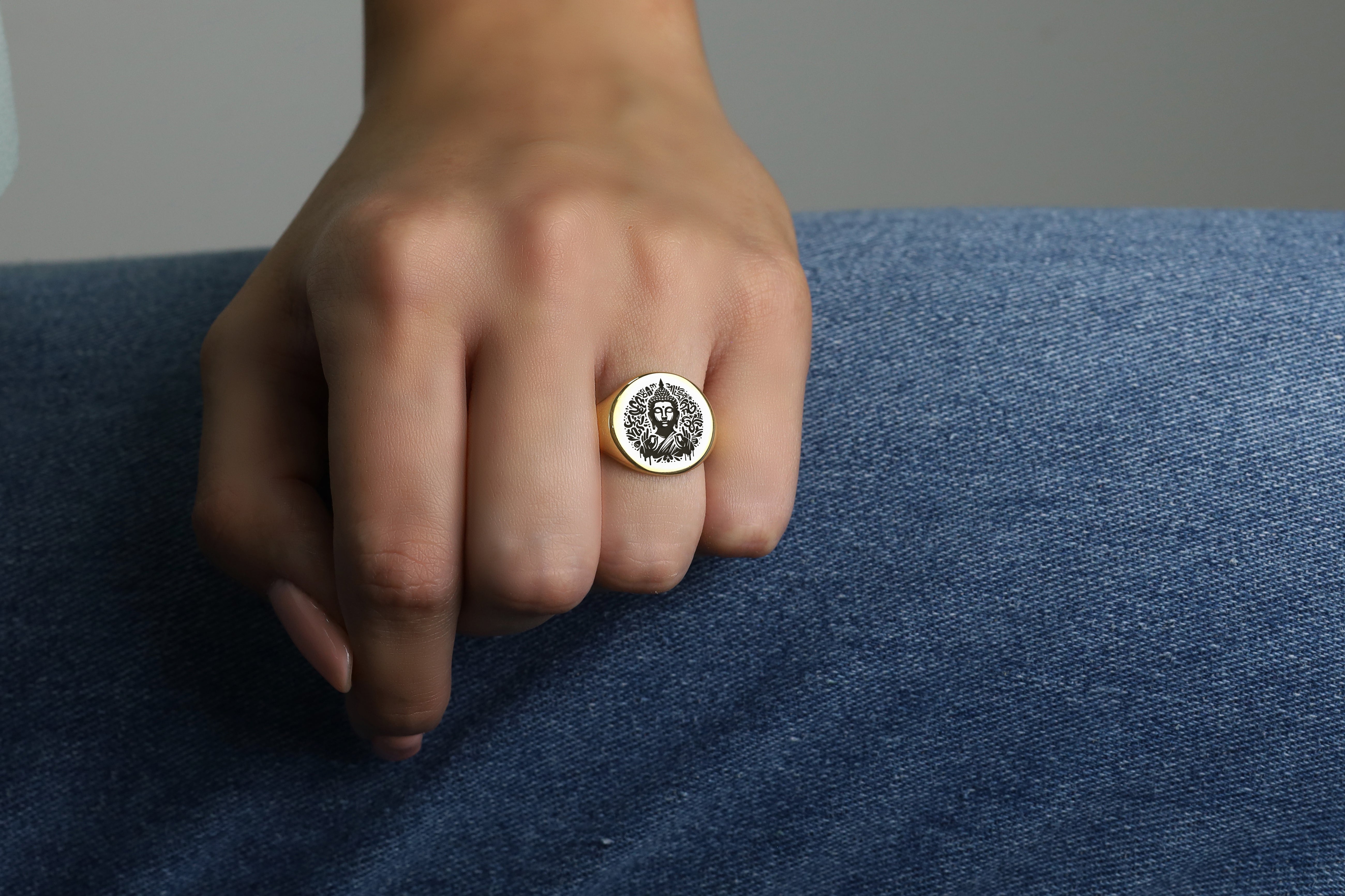 14k Gold Graffiti Buddha Signet Ring