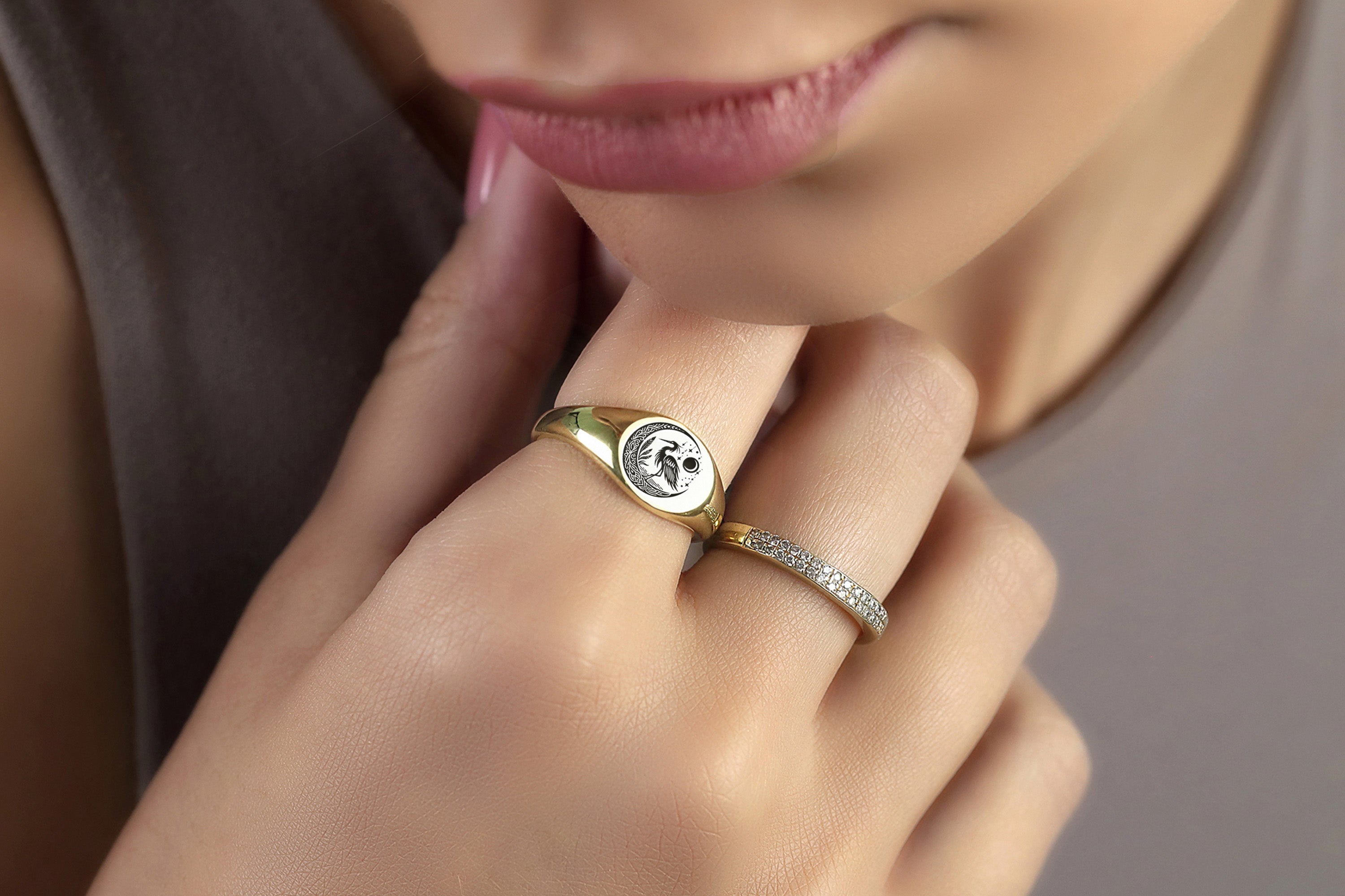 Engraved Heron Signet Ring