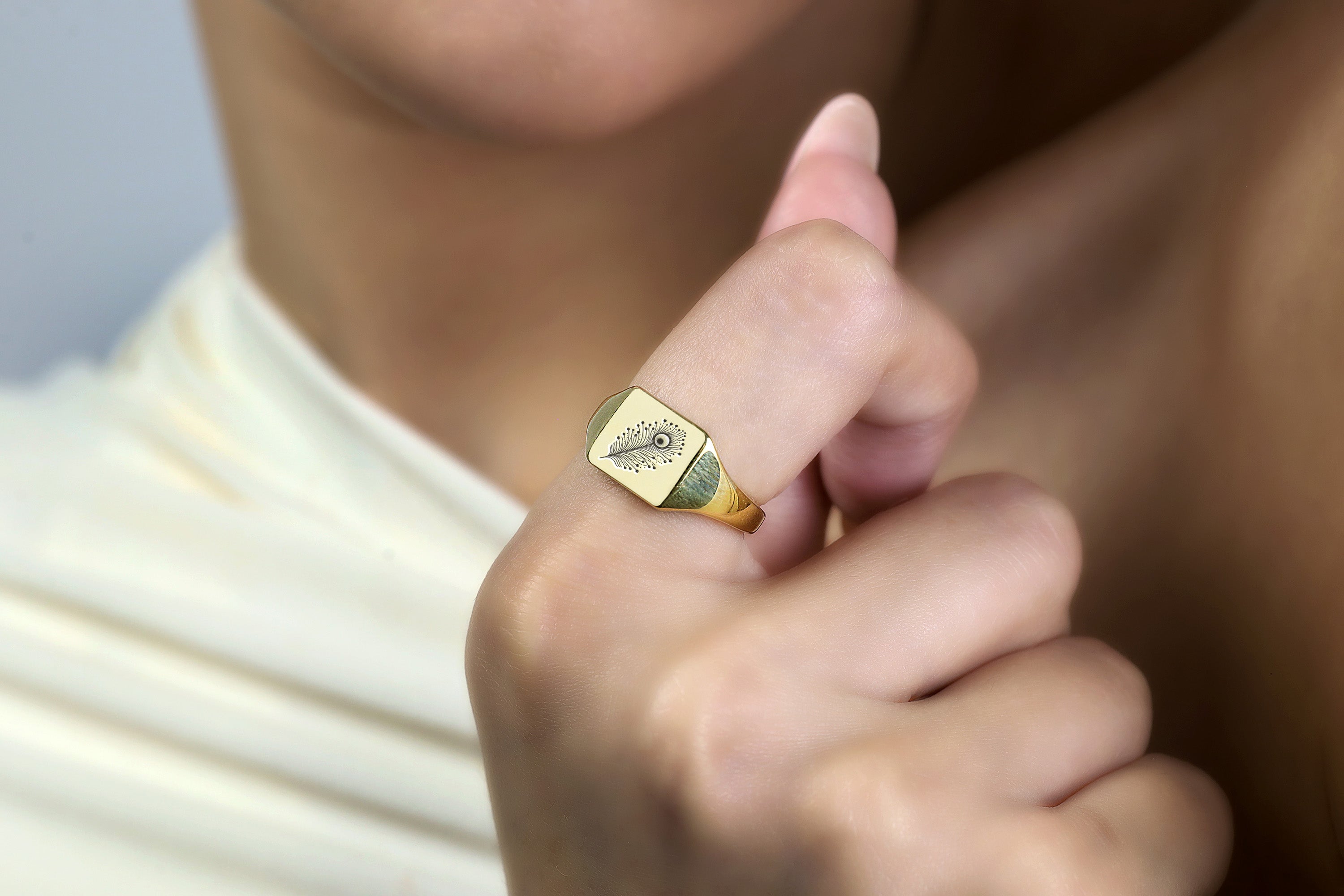 14k Gold Feather Signet Ring