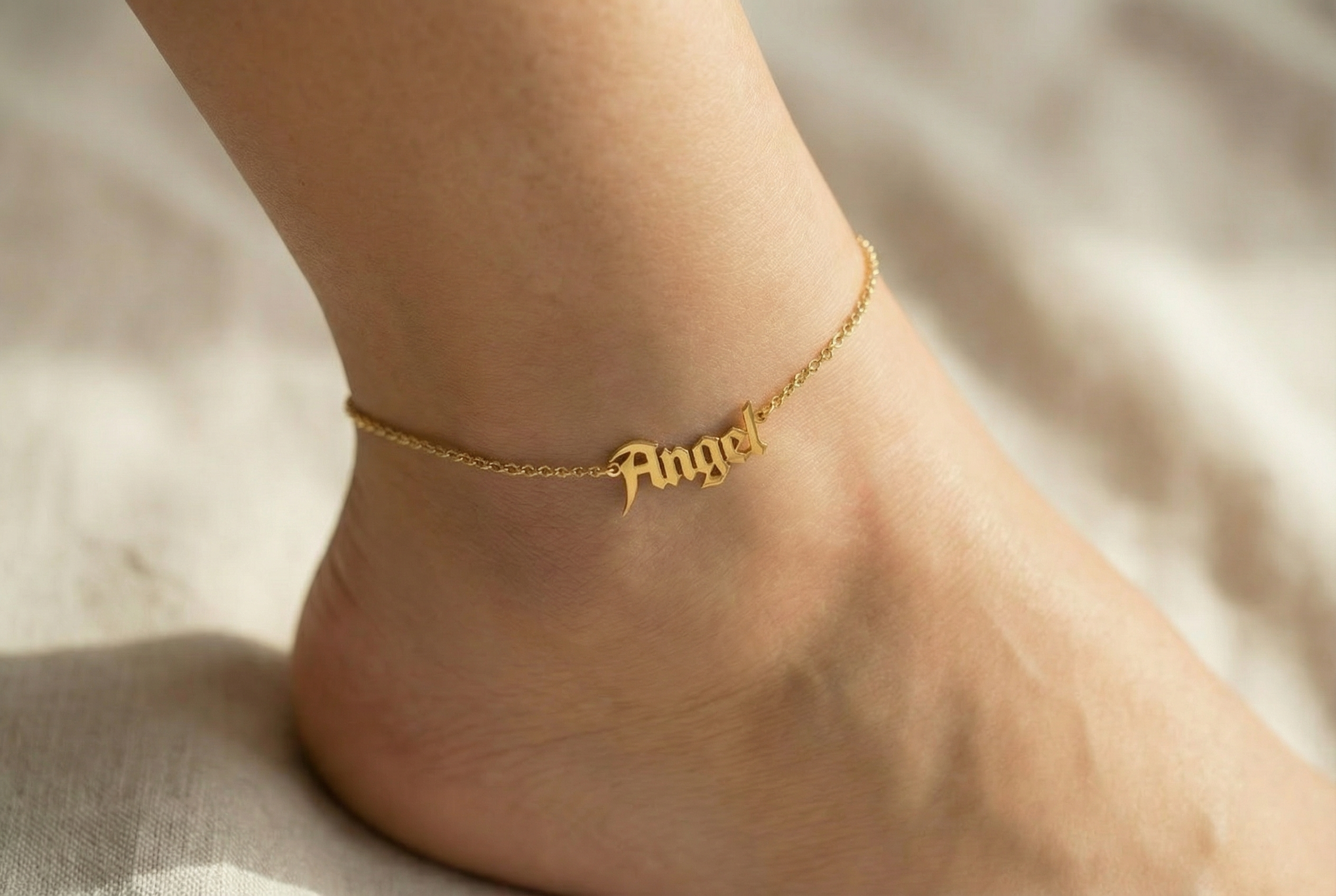 14k Gold Gothic Name Anklet